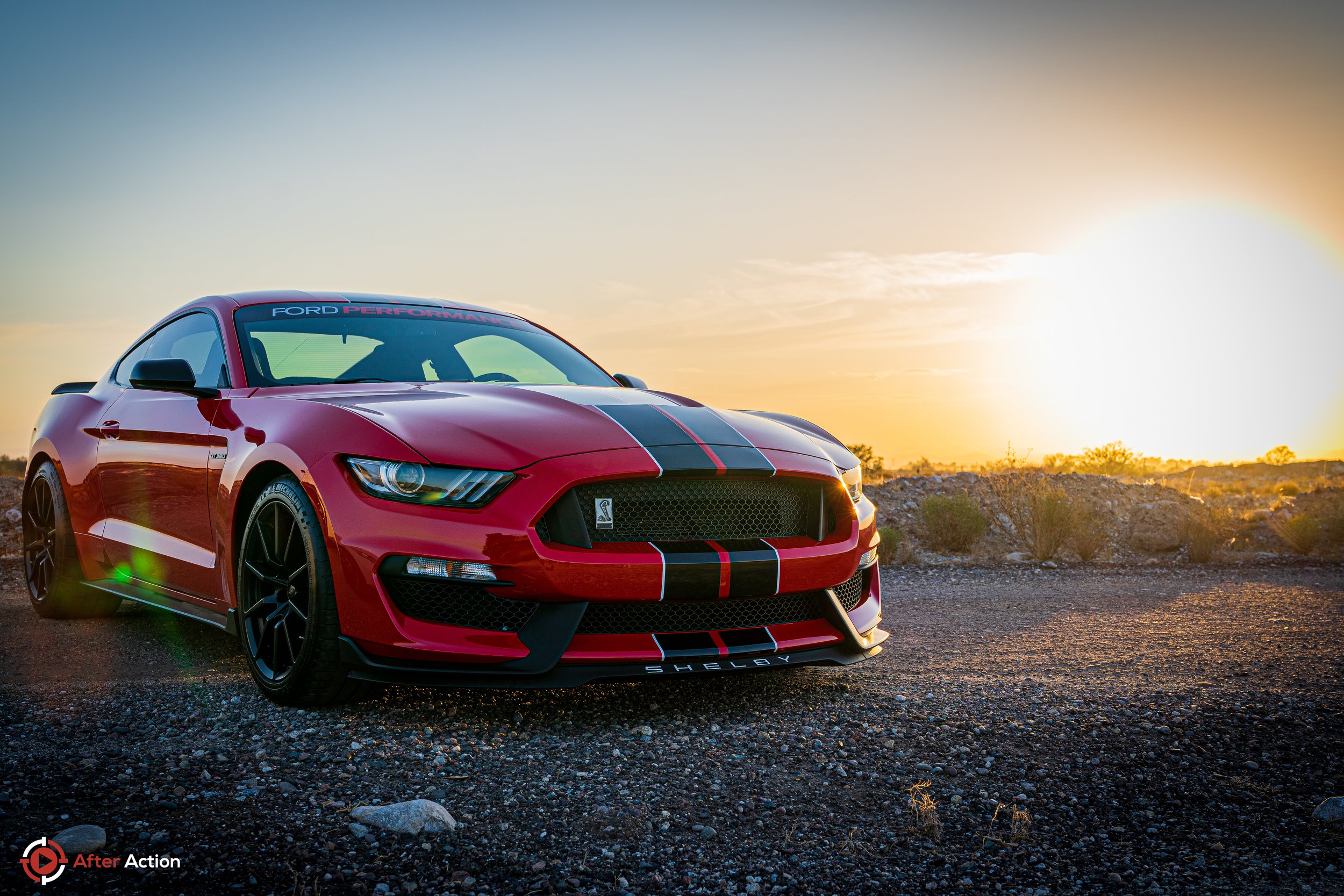 Sunrise shot of Red GT350R Mustang with black racing stripes staged in desert Photo by After Action, LLC #AfterActionAZ