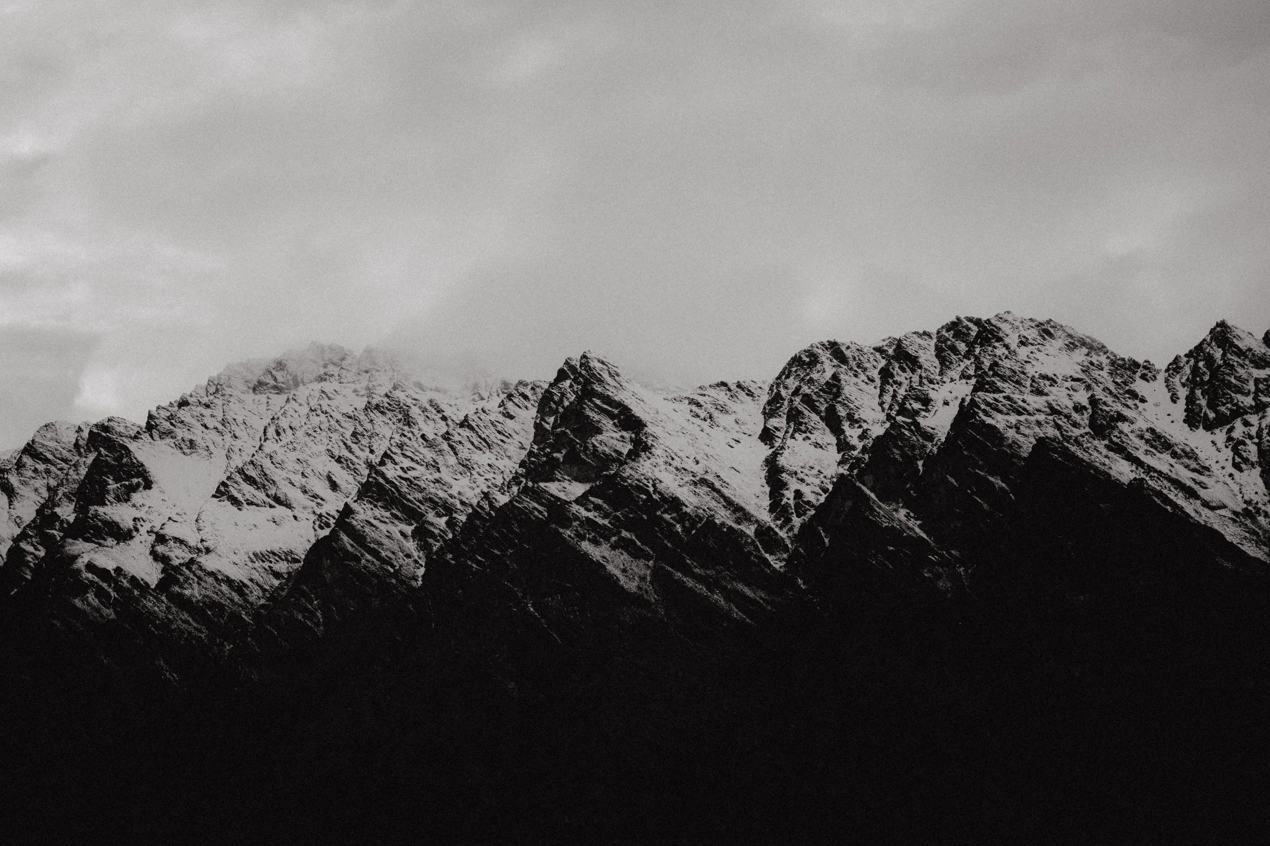Black and white image of the Remarkables mountain range