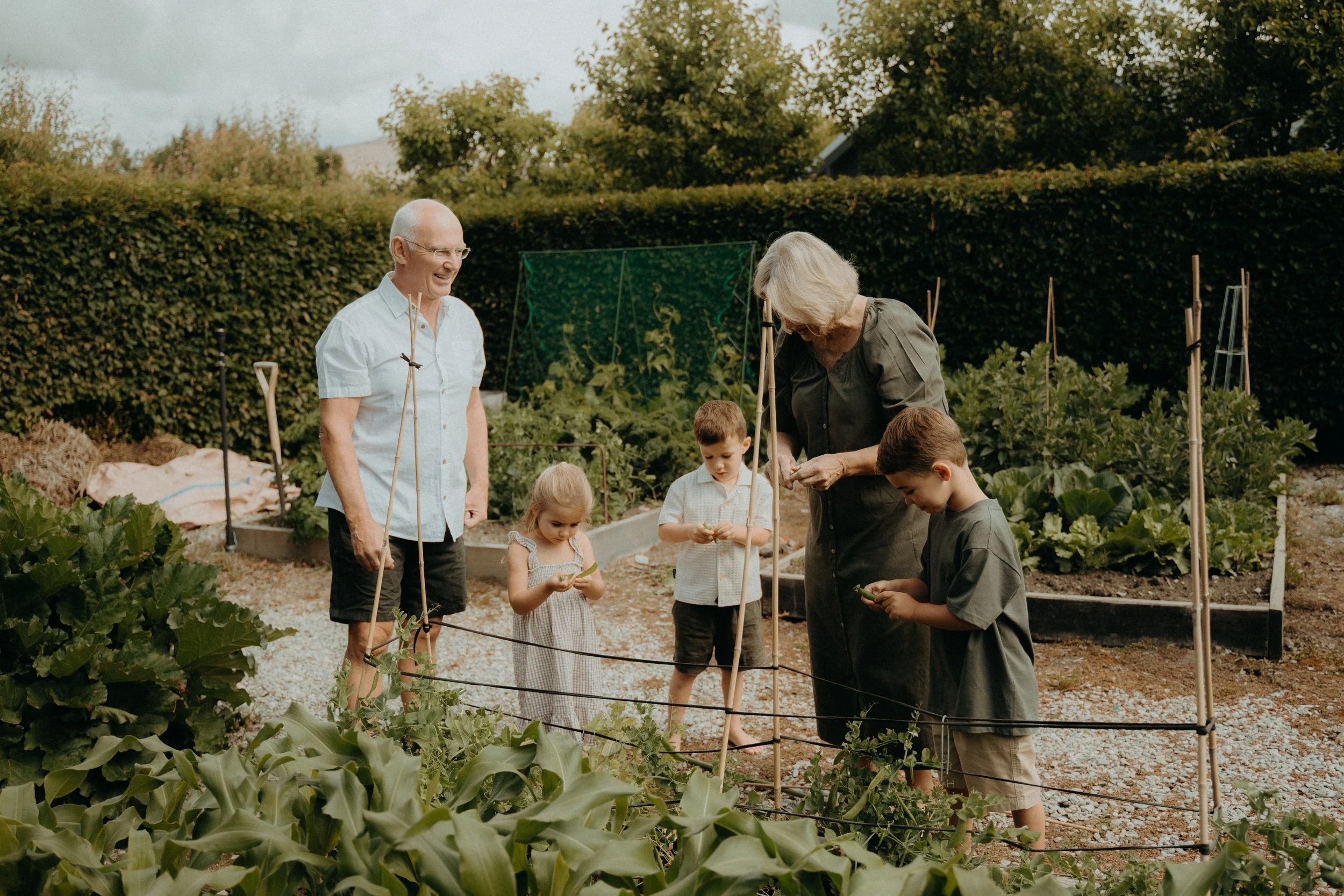 Grandparents showing grandchildren through their garden at home