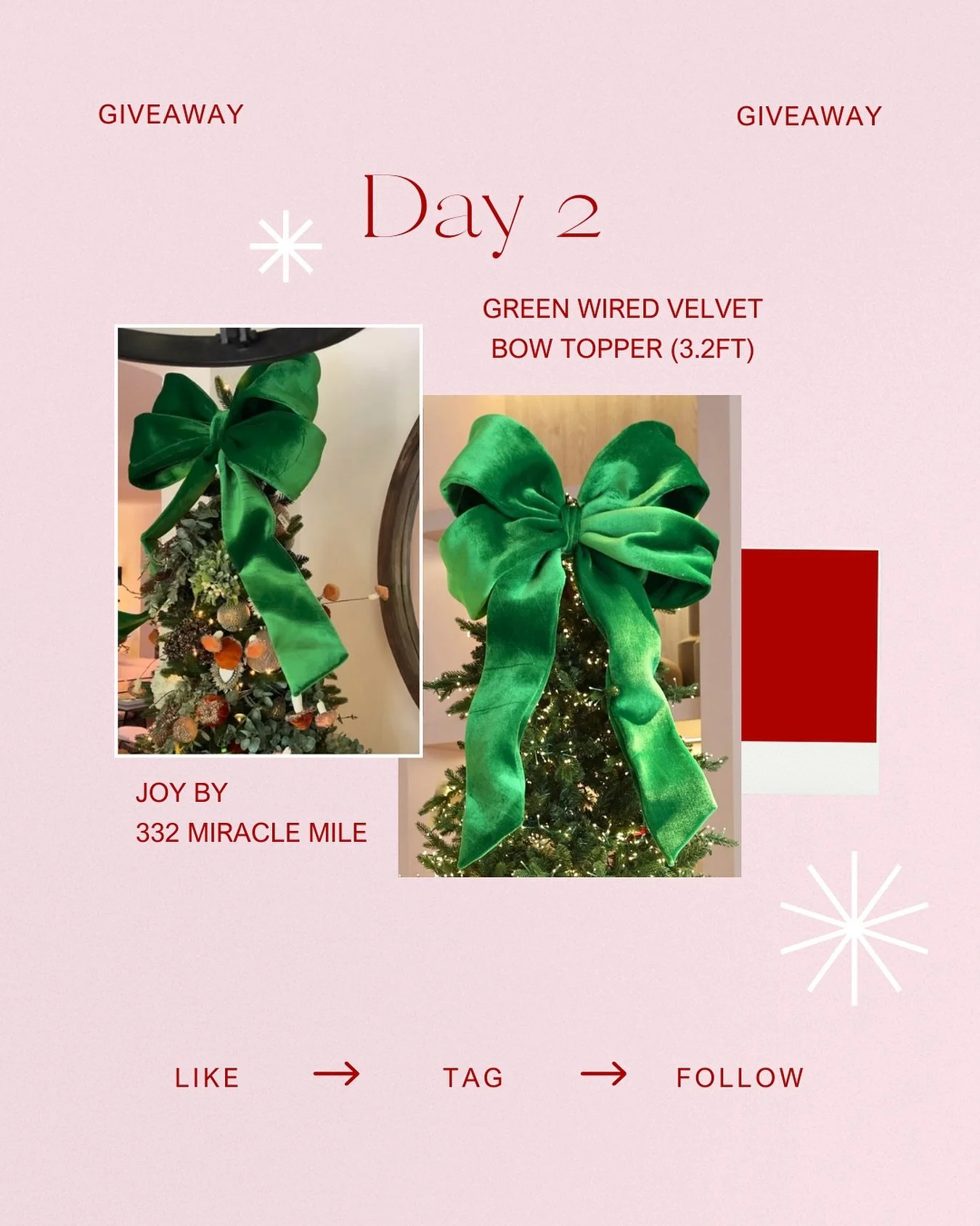 🎀 DAY 2: 12 Days of Holiday Cheer!
Today&rsquo;s giveaway is a gorgeous green wired velvet bow topper ($135 value) from Joy By on Miracle Mile &mdash; perfect for your Christmas tree, festive wreath, or holiday arch at home. 🍃✨

This elegant piece 