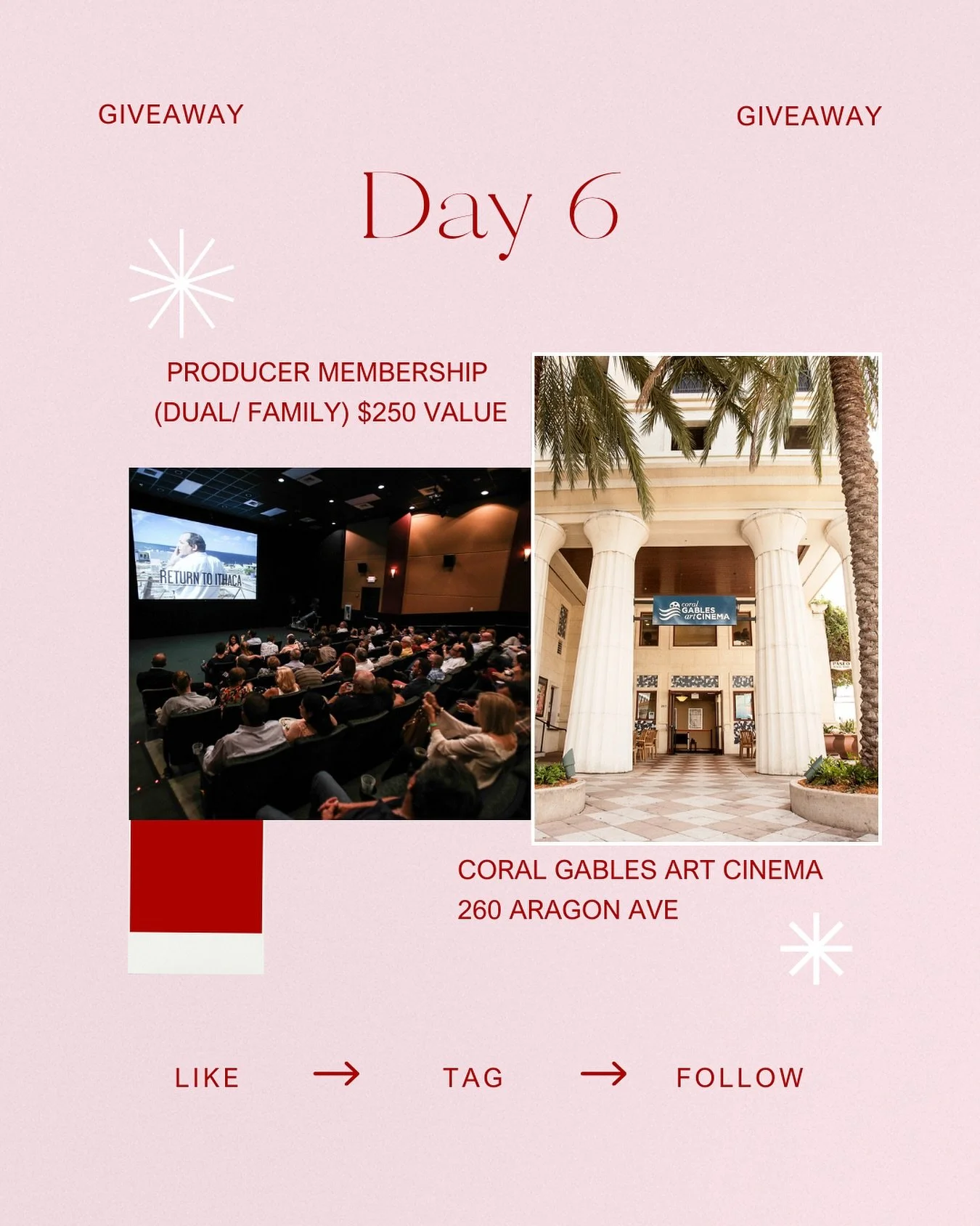🎬 DAY 6: 12 Days of Holiday Cheer!
Today&rsquo;s giveaway is a Coral Gables Art Cinema Producer Membership &mdash; a dual/family membership valued at $250! 🍿✨ This exclusive membership is perfect for film lovers, offering year-round access to indep