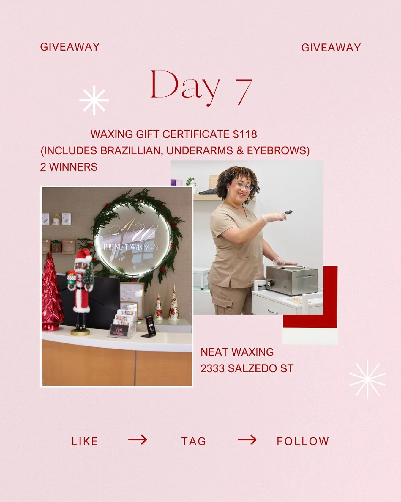 ✨ DAY 7: 12 Days of Holiday Cheer!
Today we&rsquo;re helping you glow into the holidays with TWO gift certificates to NEAT Waxing, each valued at $118! 💫Each certificate includes a Brazilian, underarms, and eyebrows &mdash; just in time to feel smoo