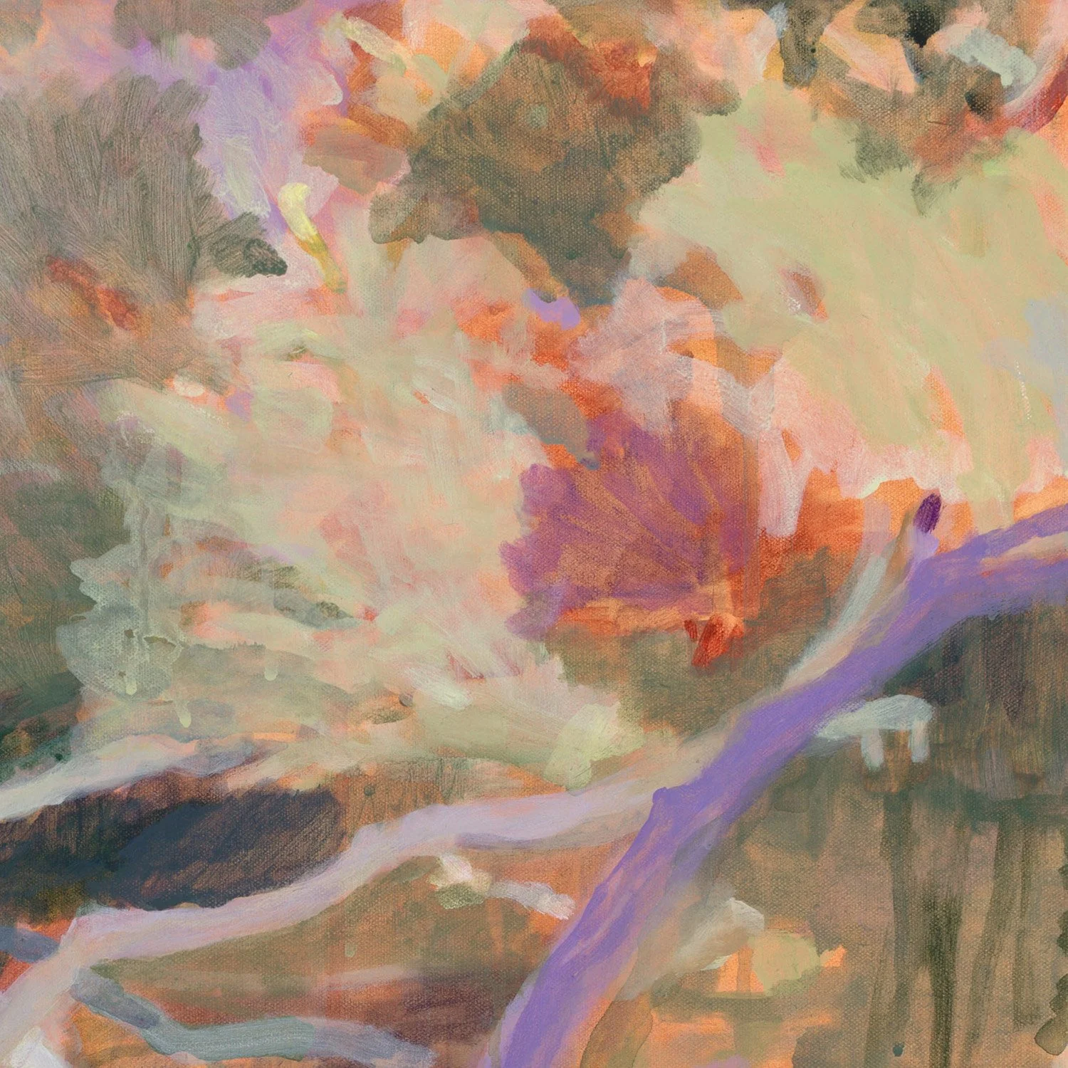 original abstract landscape painting framed in vic ash purple olive green yellow warm orange palette by Belinda Marshall at Lon Retreat