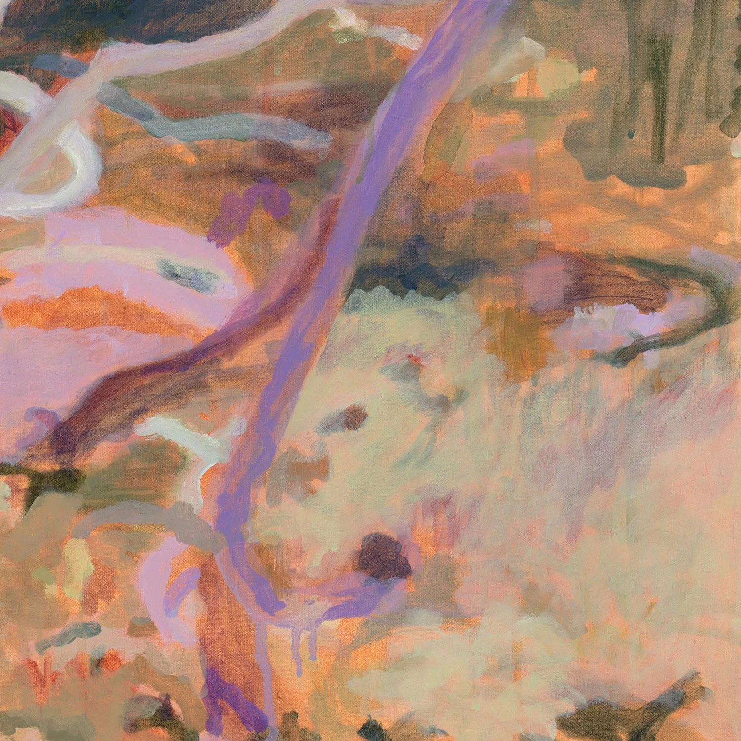 detail original abstract landscape painting framed in vic ash purple olive green yellow warm orange palette by Belinda Marshall at Lon Retreat