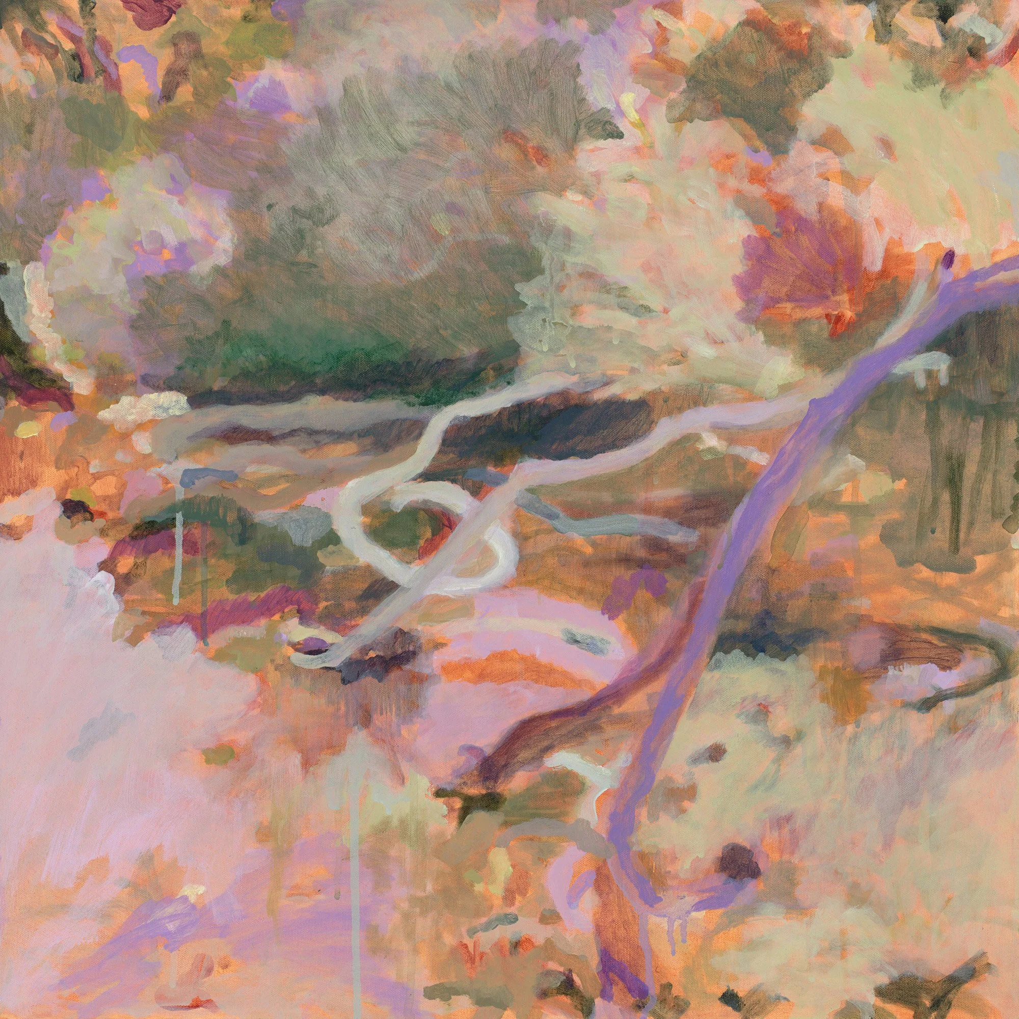 original abstract landscape painting framed in vic ash purple olive green yellow warm orange palette by Belinda Marshall at Lon Retreat