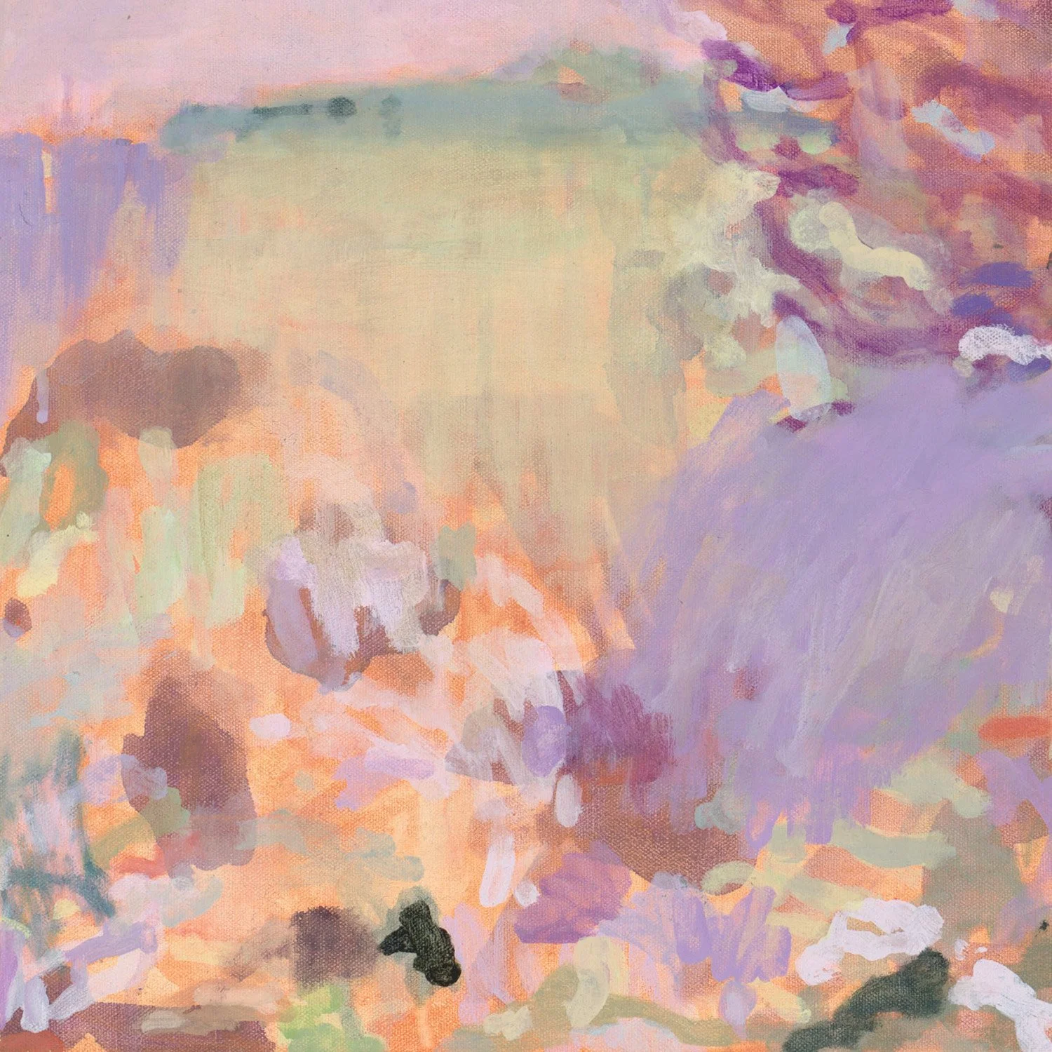 close up detail Framed original abstract landscape painting featuring yellow purple olive pastels by Belinda Marshal
