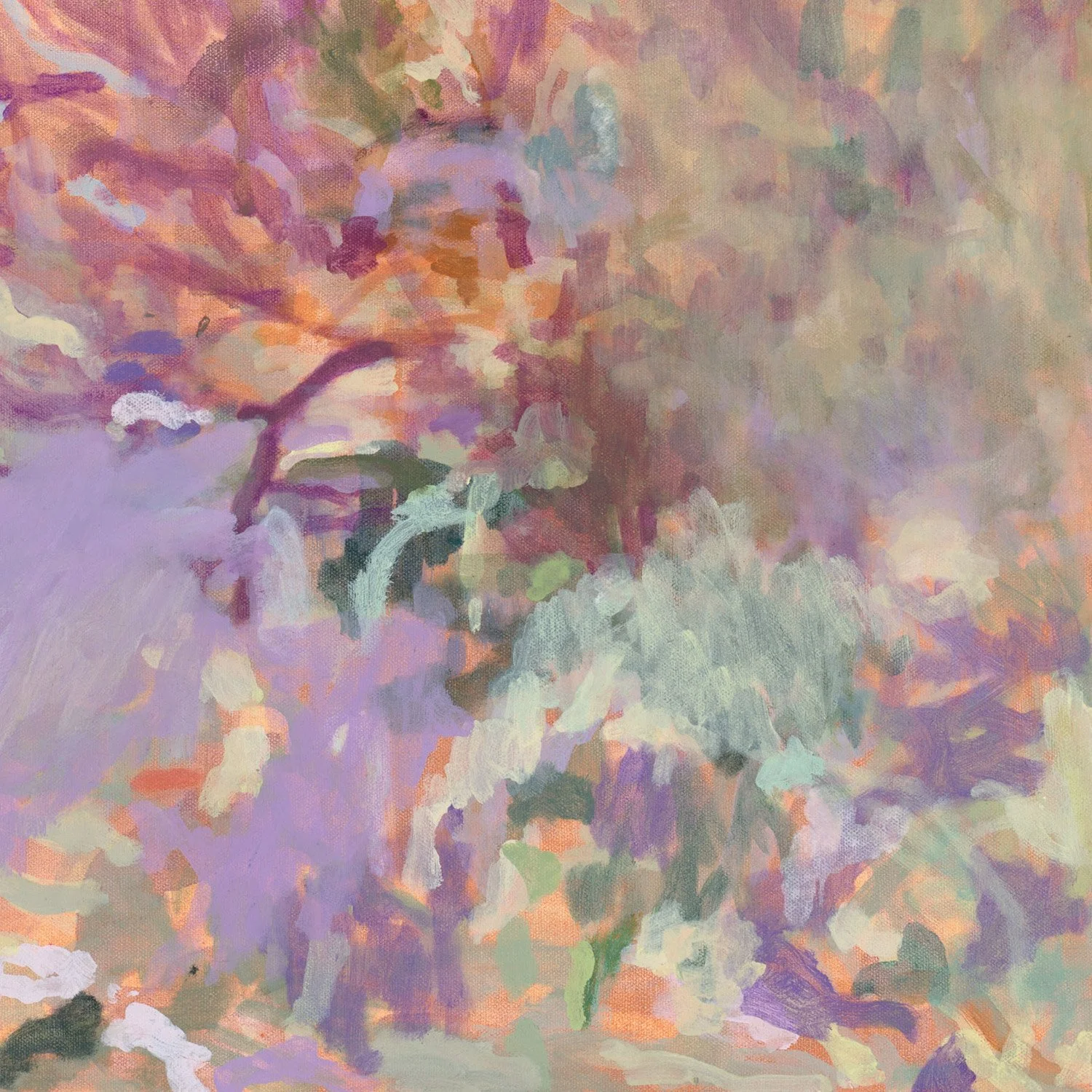 close up detail Framed original abstract landscape painting featuring yellow purple olive pastels by Belinda Marshal