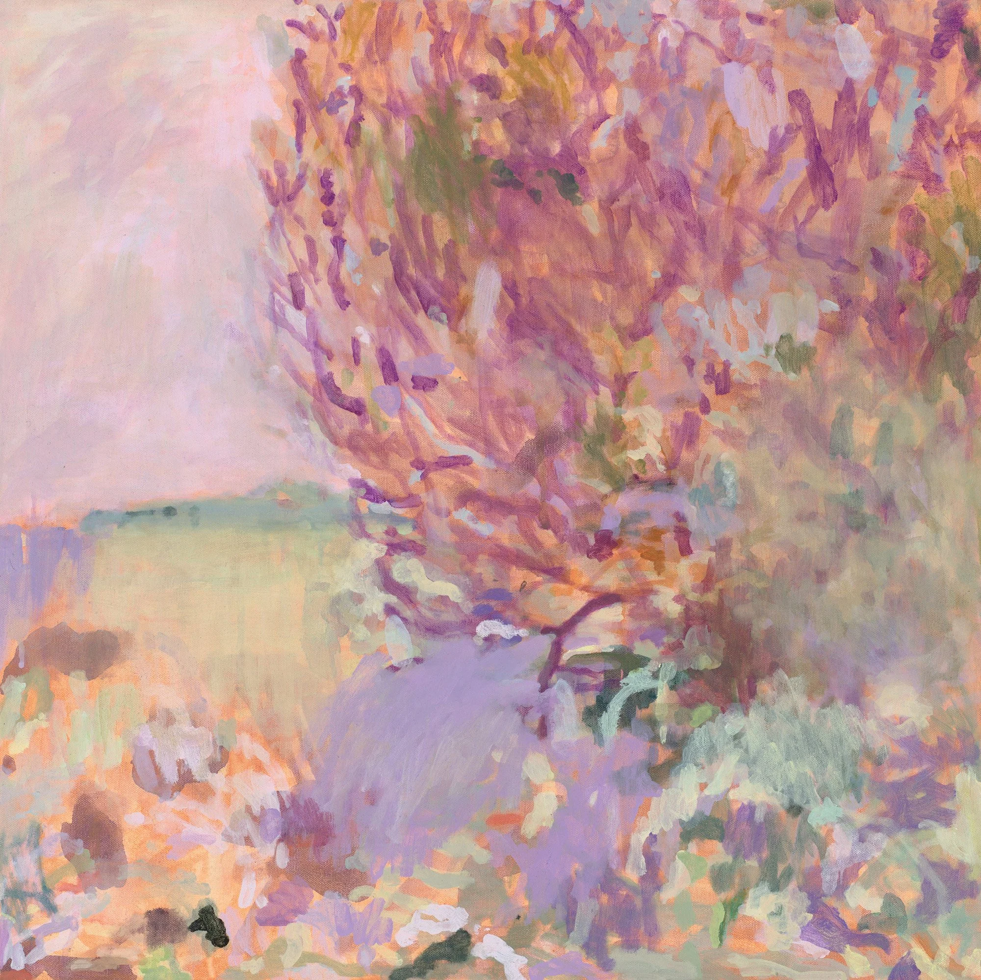 Framed original abstract landscape painting featuring yellow purple olive pastels by Belinda Marshal
