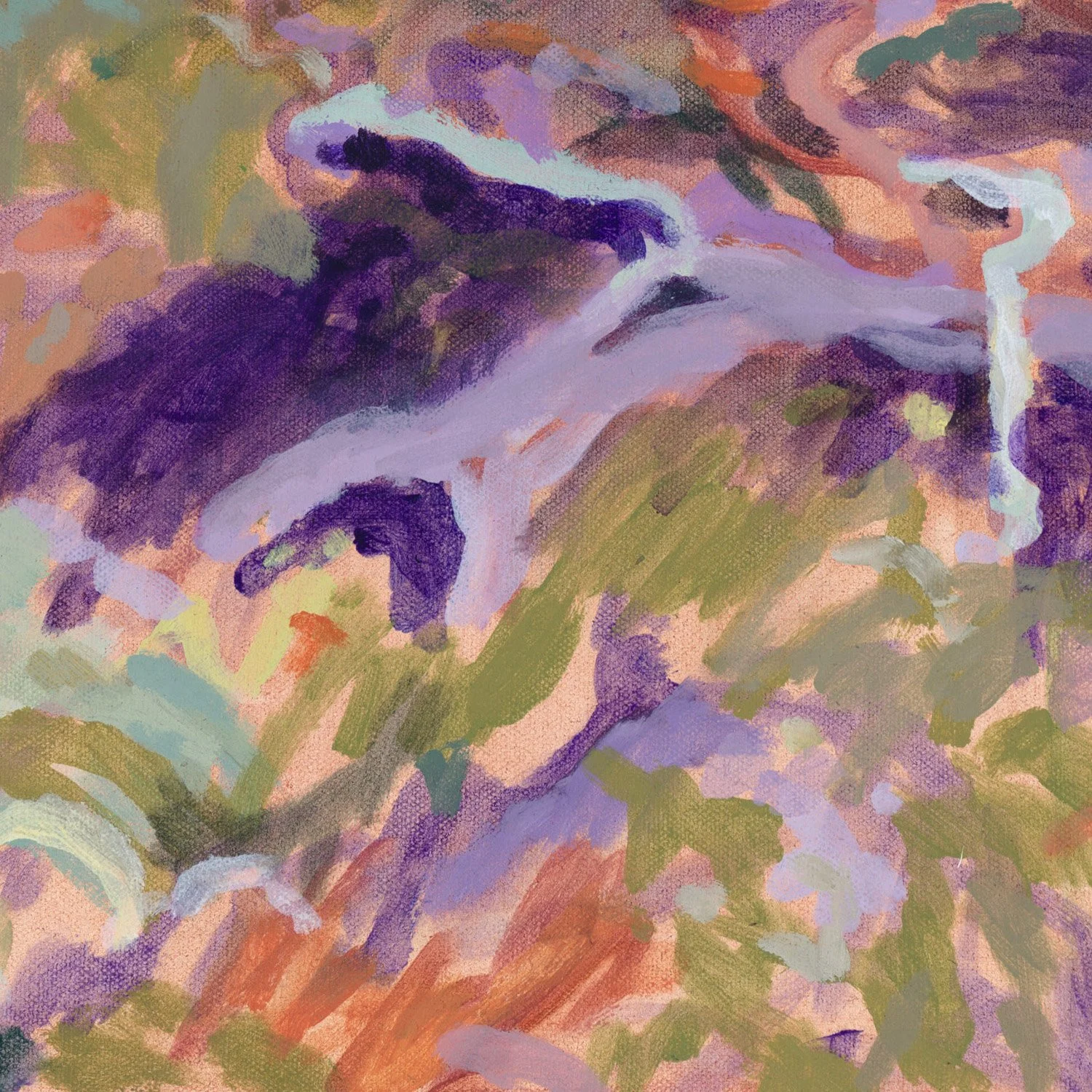 close up detail Original abstract landscape painting purple green aqua orange by belinda marshall square format small