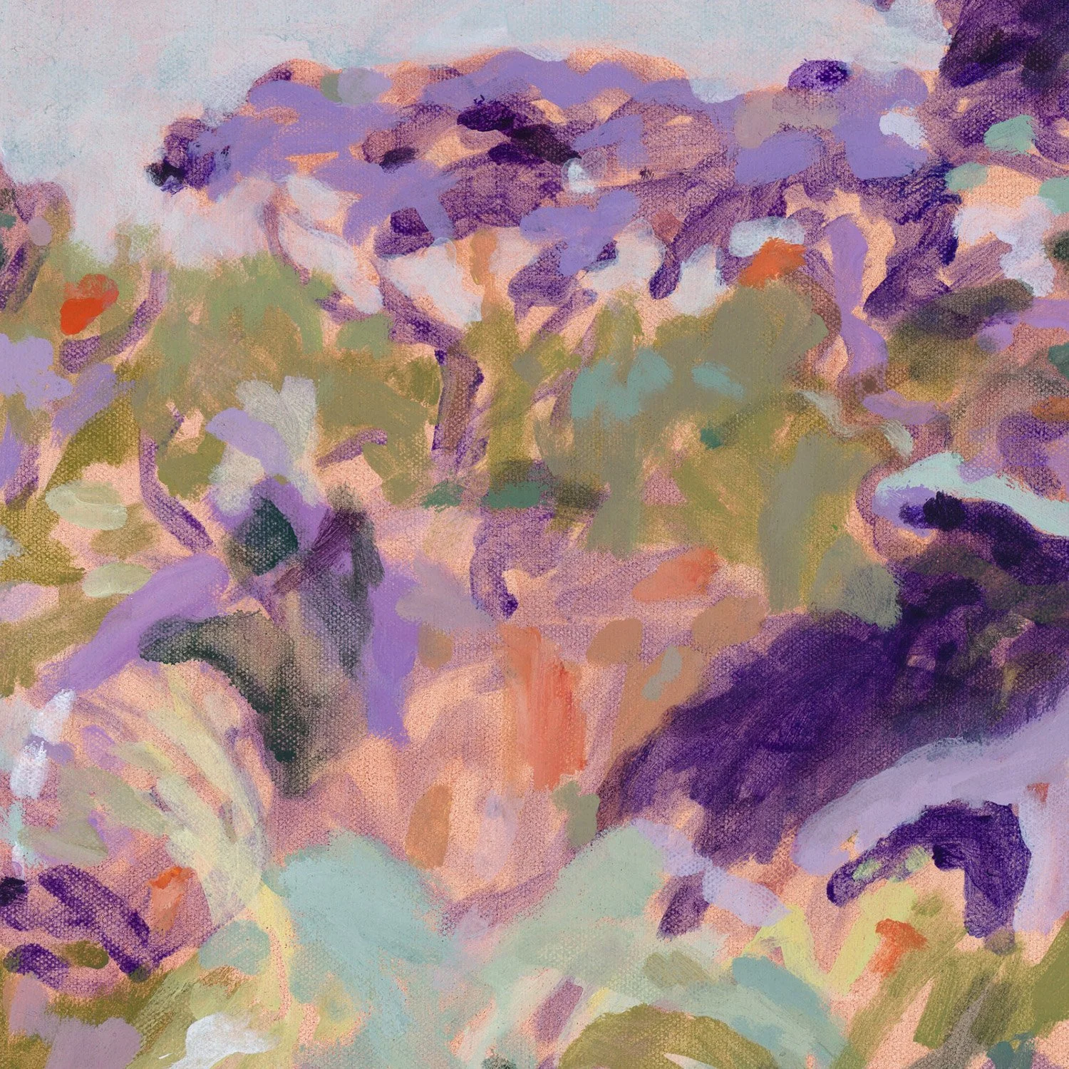 close up detail of Original abstract landscape painting purple green aqua orange by belinda marshall square format small