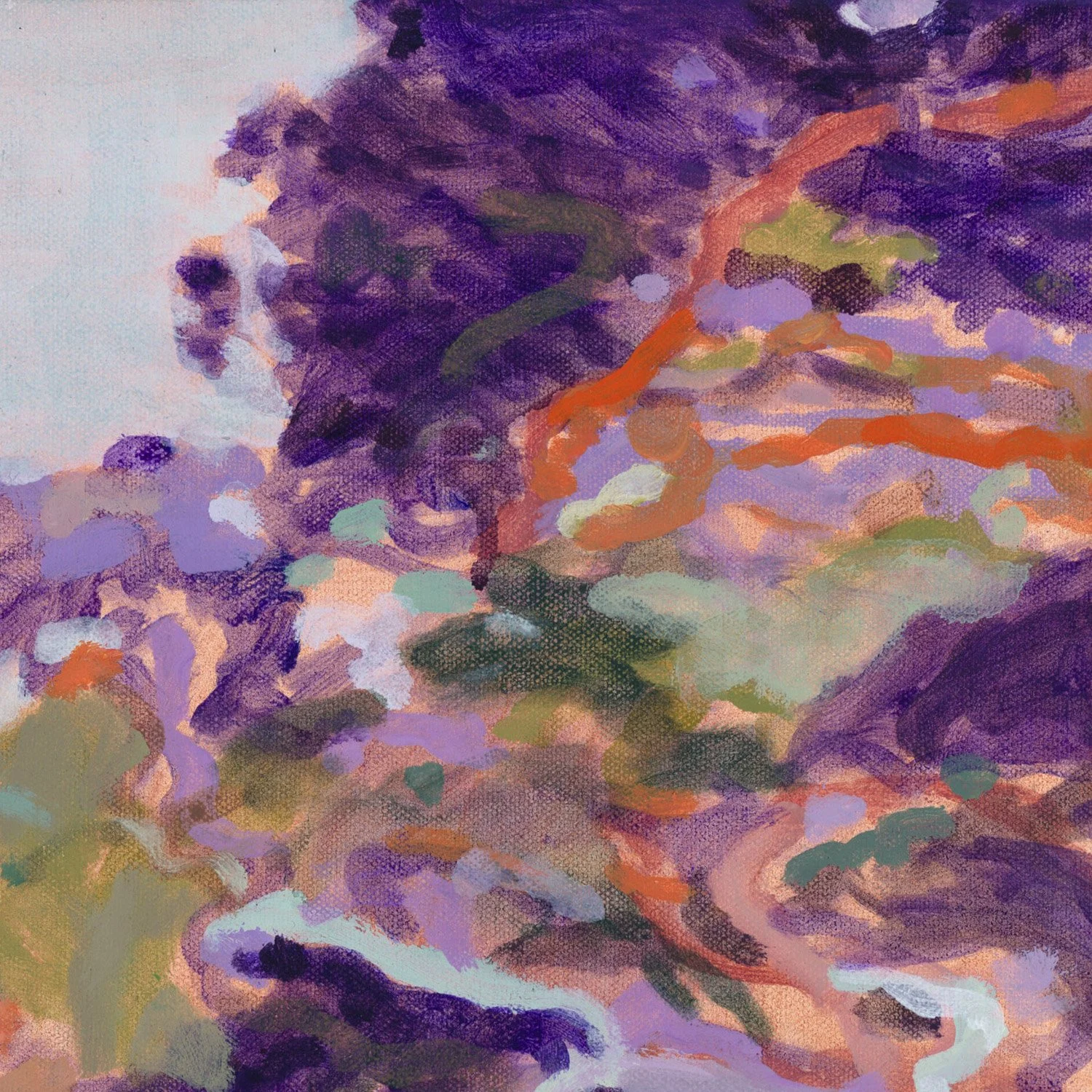 close up detail Original abstract landscape painting purple green aqua orange by belinda marshall square format small