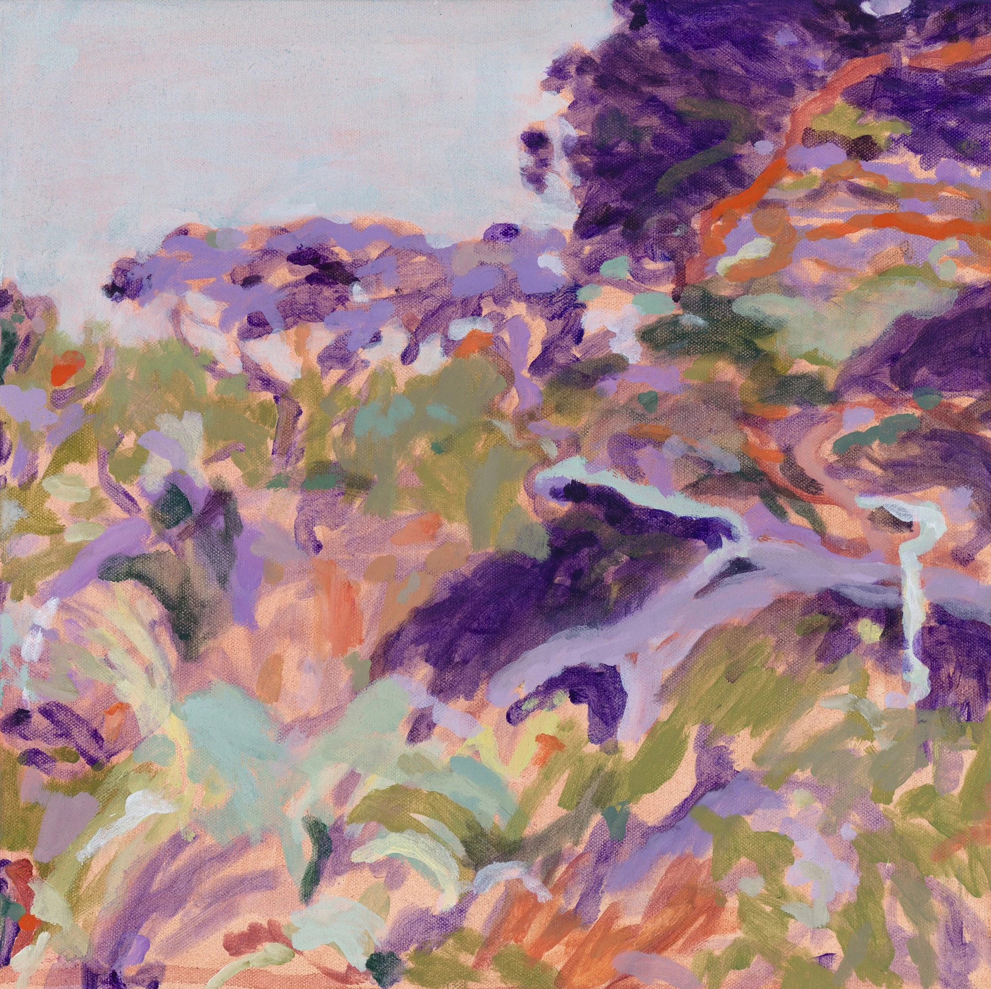Original abstract landscape painting purple green aqua orange by belinda marshall square format small