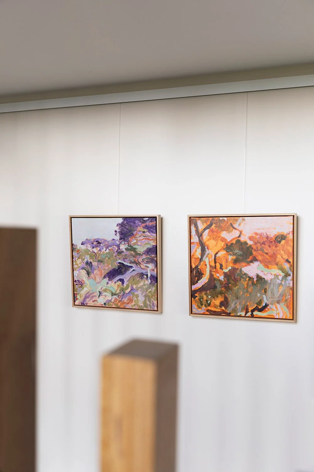 Small original framed artworks hanging together on the wall at exhibition at Lon Retreat by Belinda Marshall