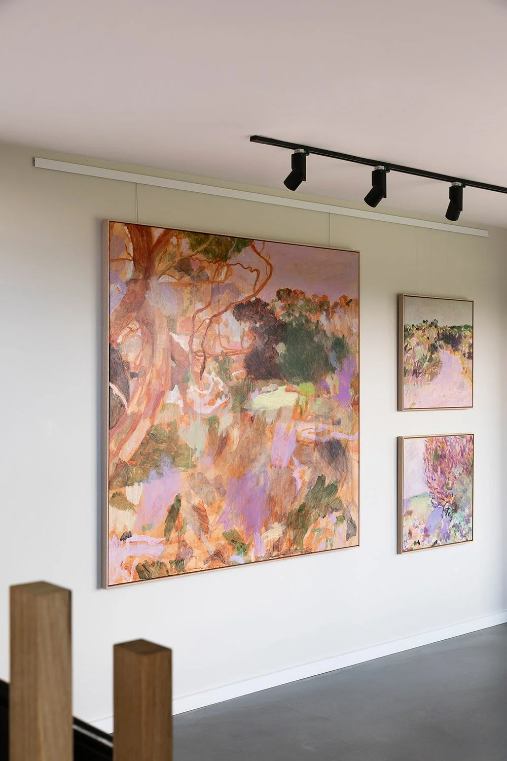 3Original abstract landscape painting framed in vic ash hanging on wall in exhibition at lon retreat by Belinda Marshall