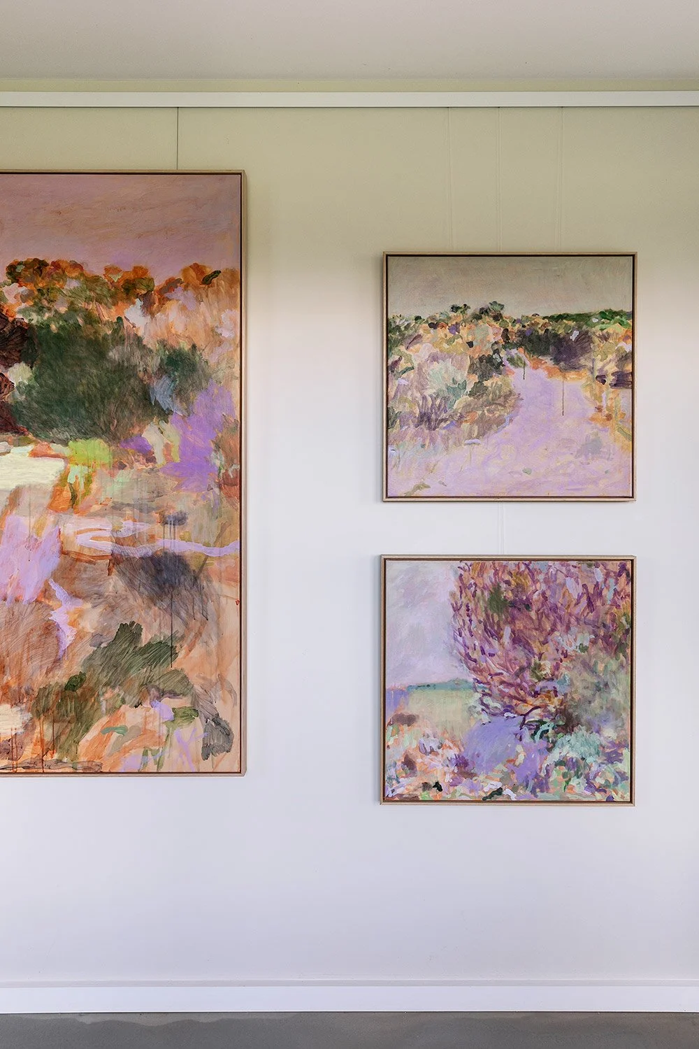 Original abstract landscape painting framed in vic ash hanging on wall in exhibition at lon retreat by Belinda Marshall