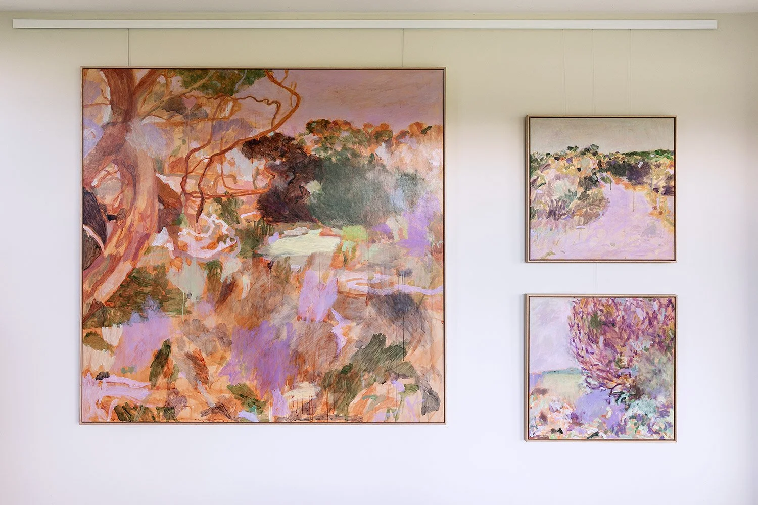 3 Original abstract landscape paintings framed in vic ash hanging on wall in exhibition at lon retreat by Belinda Marshall