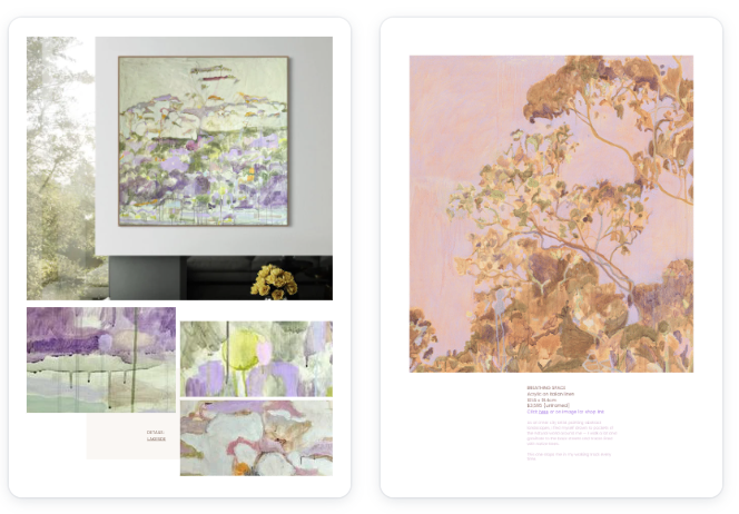 Abstract landscape paintings on wall in magazine layout