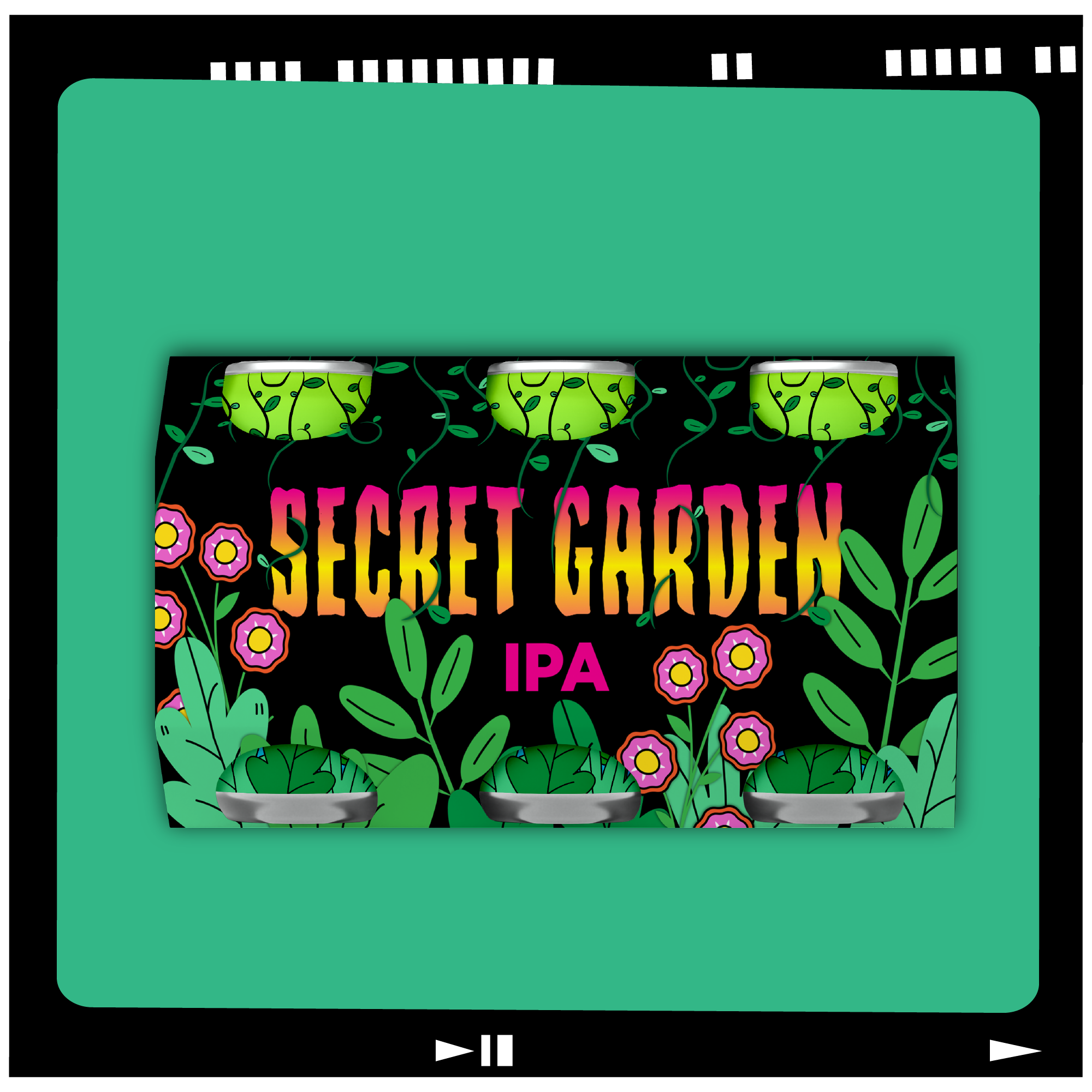 Art mockup of a six pack of 'Secret Garden IPA'