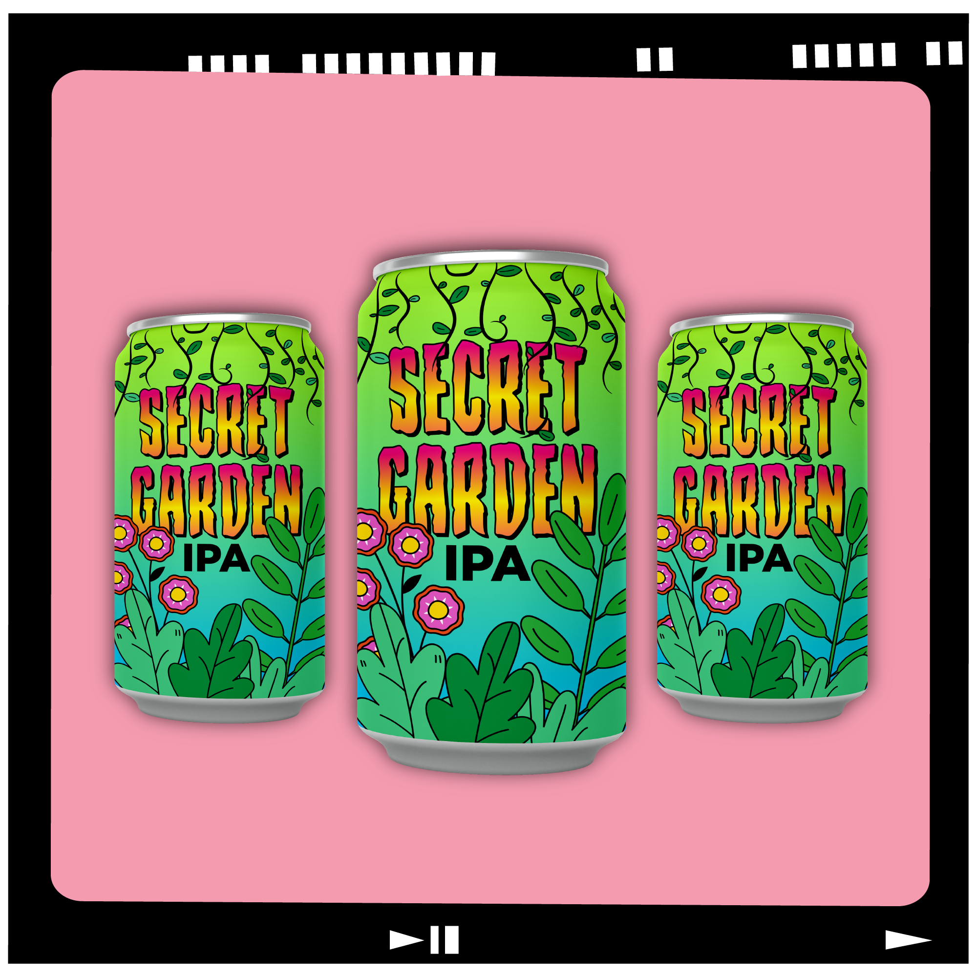 Art mockup of cans of 'Secret Garden IPA'