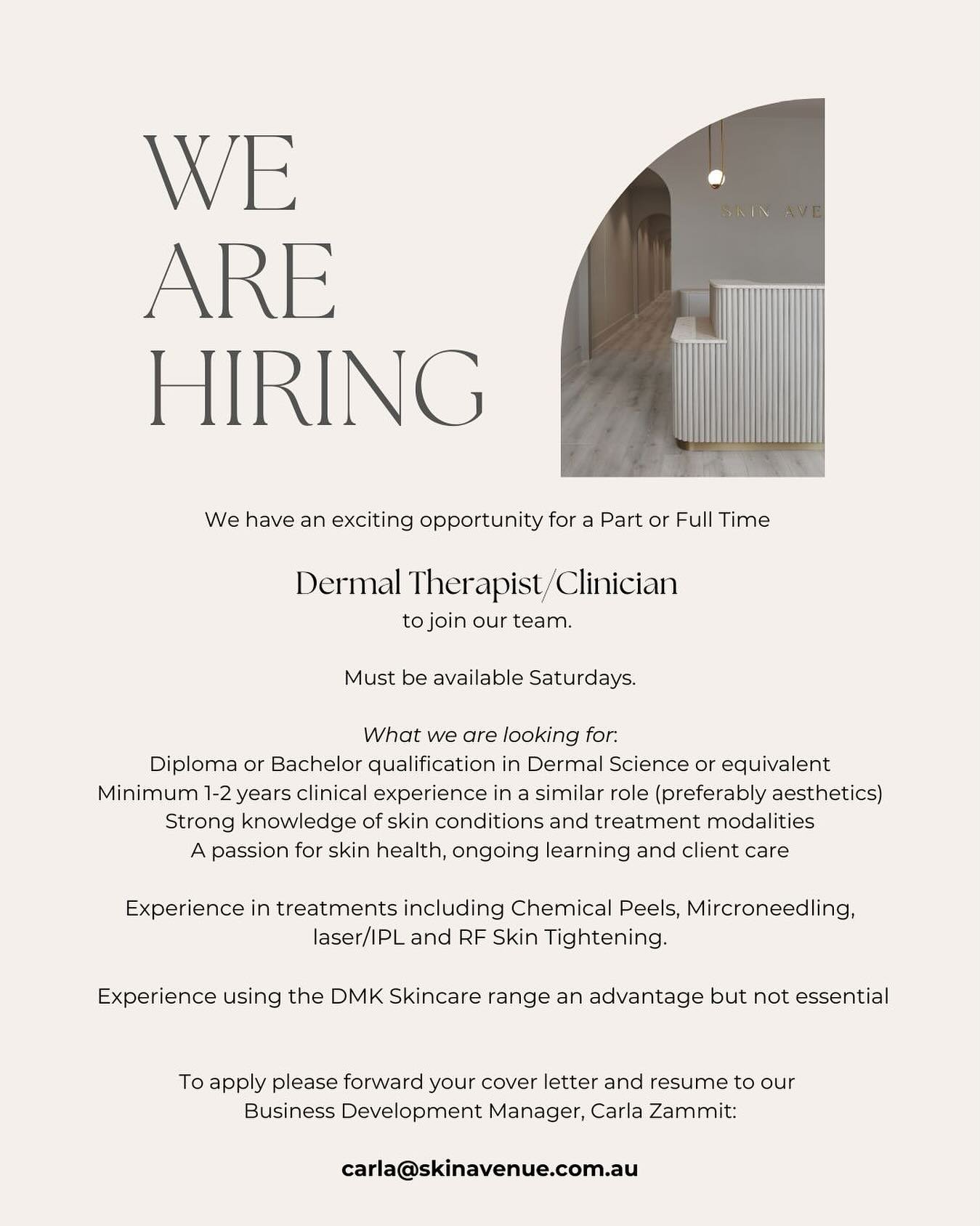 Skin Avenue is HIRING! 
We&rsquo;re looking for an experienced Dermal Therapist to join our team. If you&rsquo;re passionate about skin health, advanced treatments and results - APPLY NOW x 

Please note that due to the amount of resumes we receive a