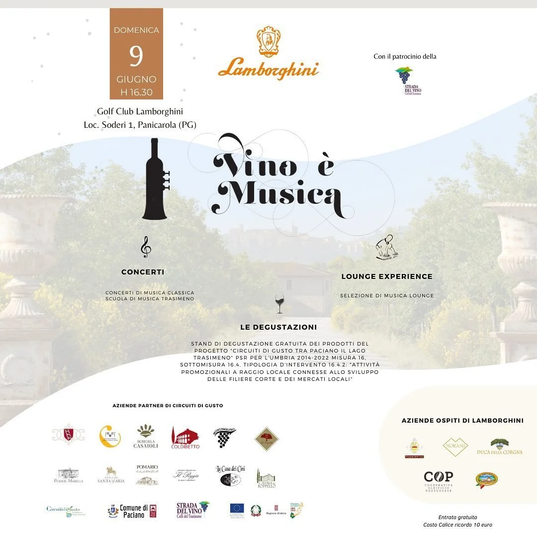 Domenica 9 giugno torna Musica &egrave; Vino!

Lo storico appuntamento de @lamborghiniwine_official nella cornice dei campi da golf della @tenutalamborghini, si terr&agrave; in collaborazione con il progetto Circuiti di Gusto tra Paciano e il Lago Tr