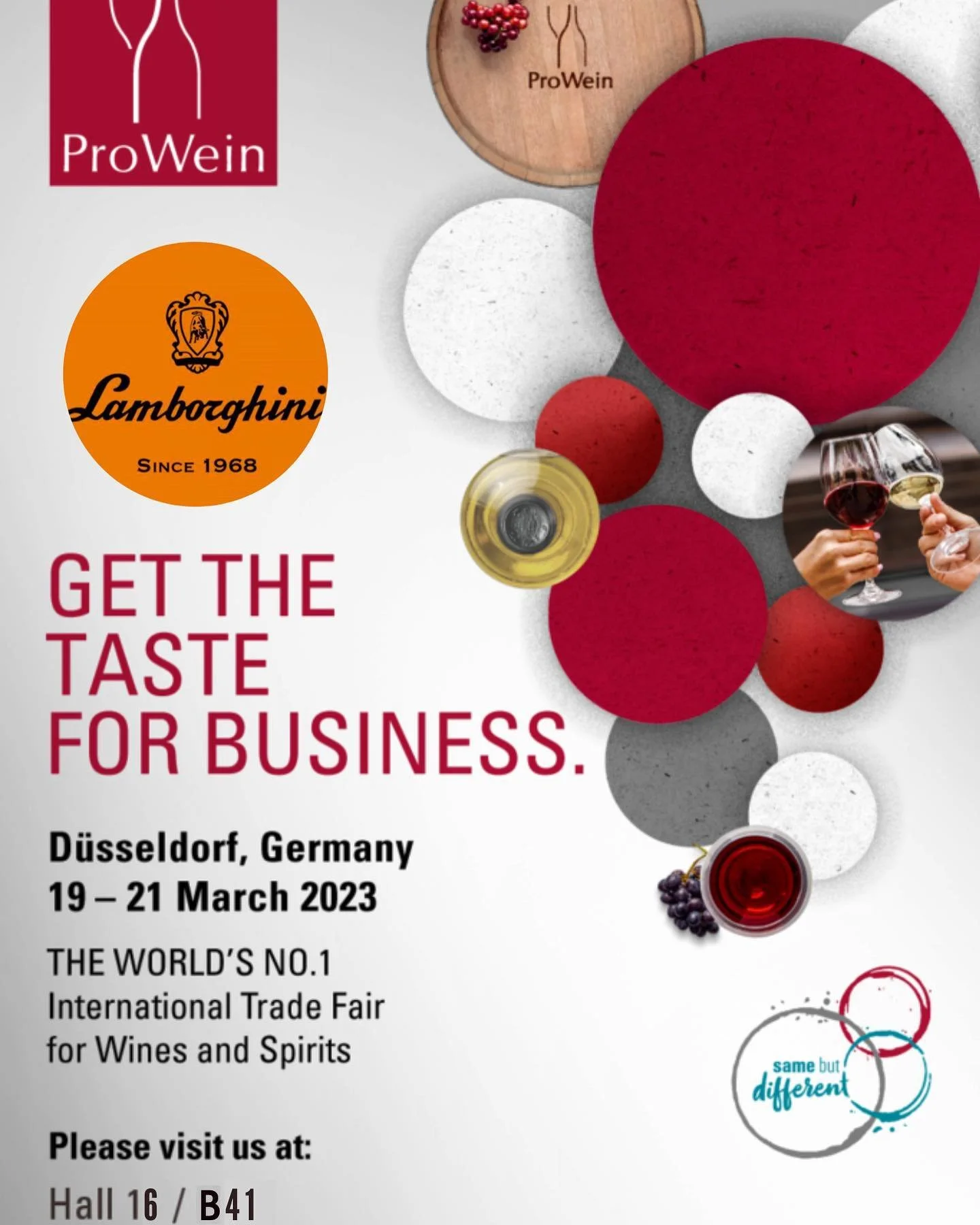 Prowine , get the taste for business!
19|21 March, 2023 
See you in D&uuml;sseldorf
@Tenuta Lamborghini 
Hall16 - B41
.
,
.
,

*drink responsibly 
#lamborghiniwine #lamborghiniwines #lamborghiniwineofficial #lamborghiniwinery #lamborghini#luxurybrand