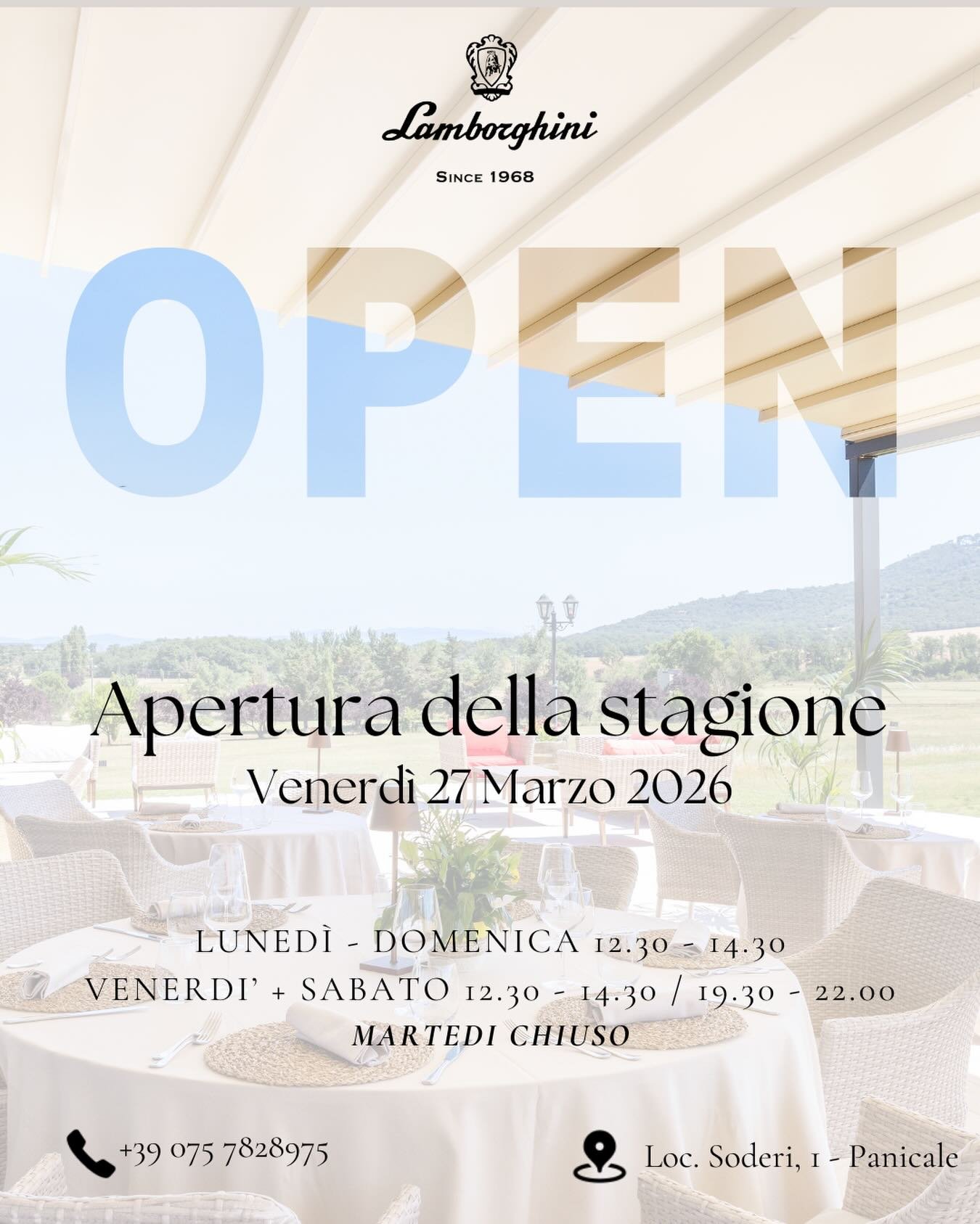 Il Ristorante Tenuta Lamborghini riapre le sue porte per la nuova stagione.

📅 Venerd&igrave; 27 Marzo 2026

Un&rsquo;esperienza di cucina gourmet, dove eleganza, ricerca e tradizione incontrano l&rsquo;eccellenza dei vini Tenuta Lamborghini, in un 