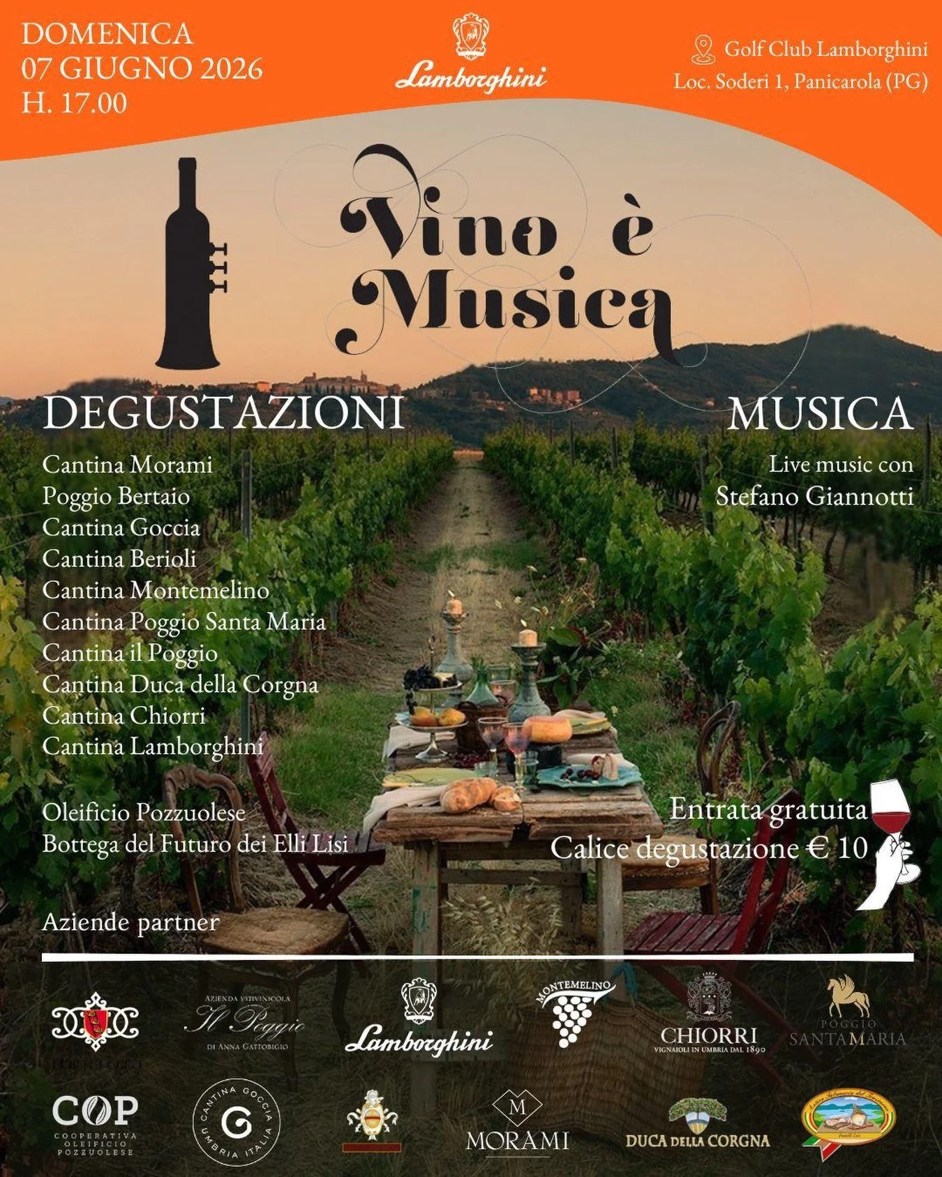 Alla Tenuta Lamborghini, nella suggestiva cornice del Golf Club, torna come ogni anno l&rsquo;appuntamento con &ldquo;Vino &egrave; Musica&rdquo;.

Un calice al tramonto, la musica dal vivo e un percorso di degustazione tra vini, olio e sapori del te