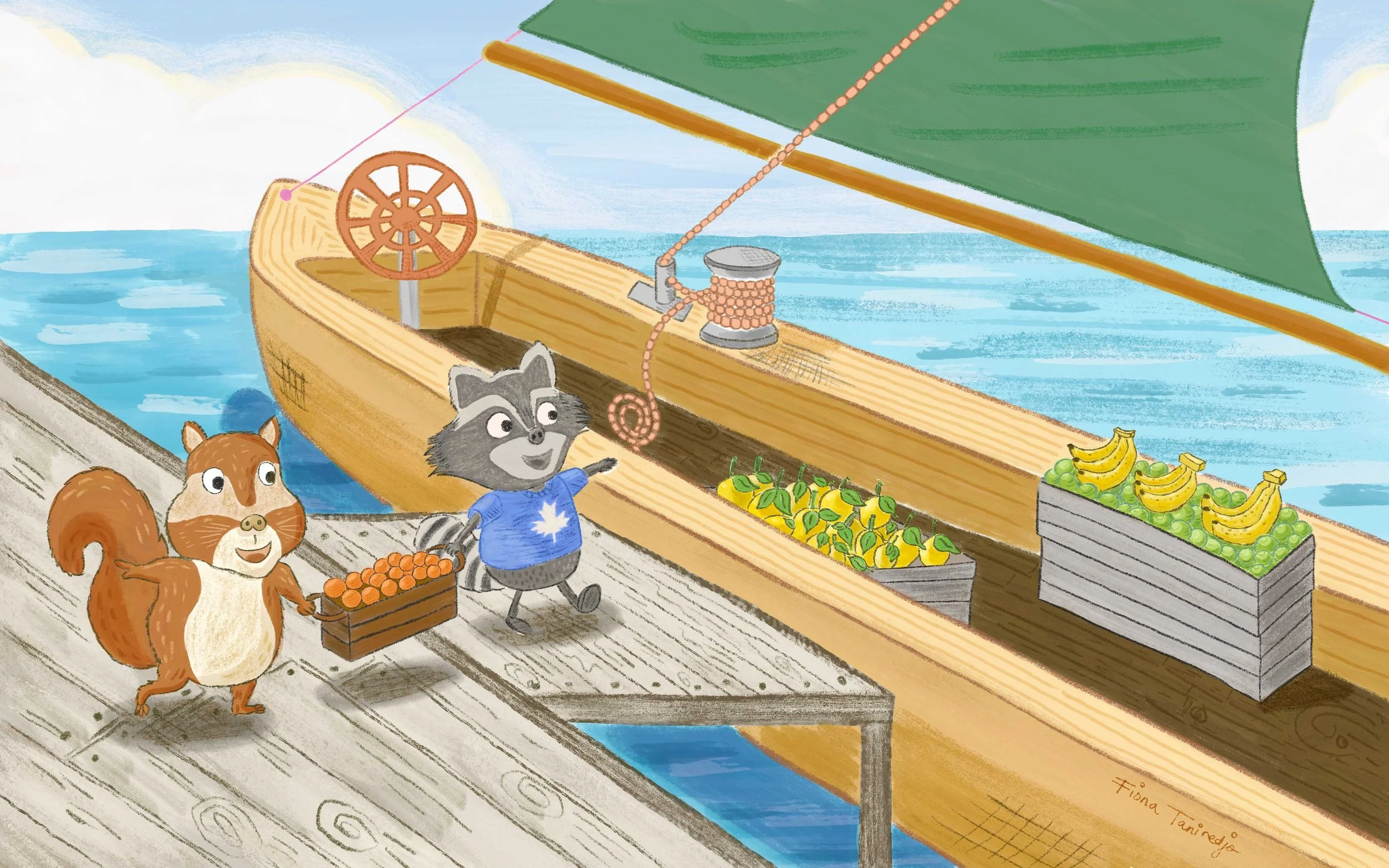 squirrel and racoon loading fruits to a sailboat, children's picture book double spread page
