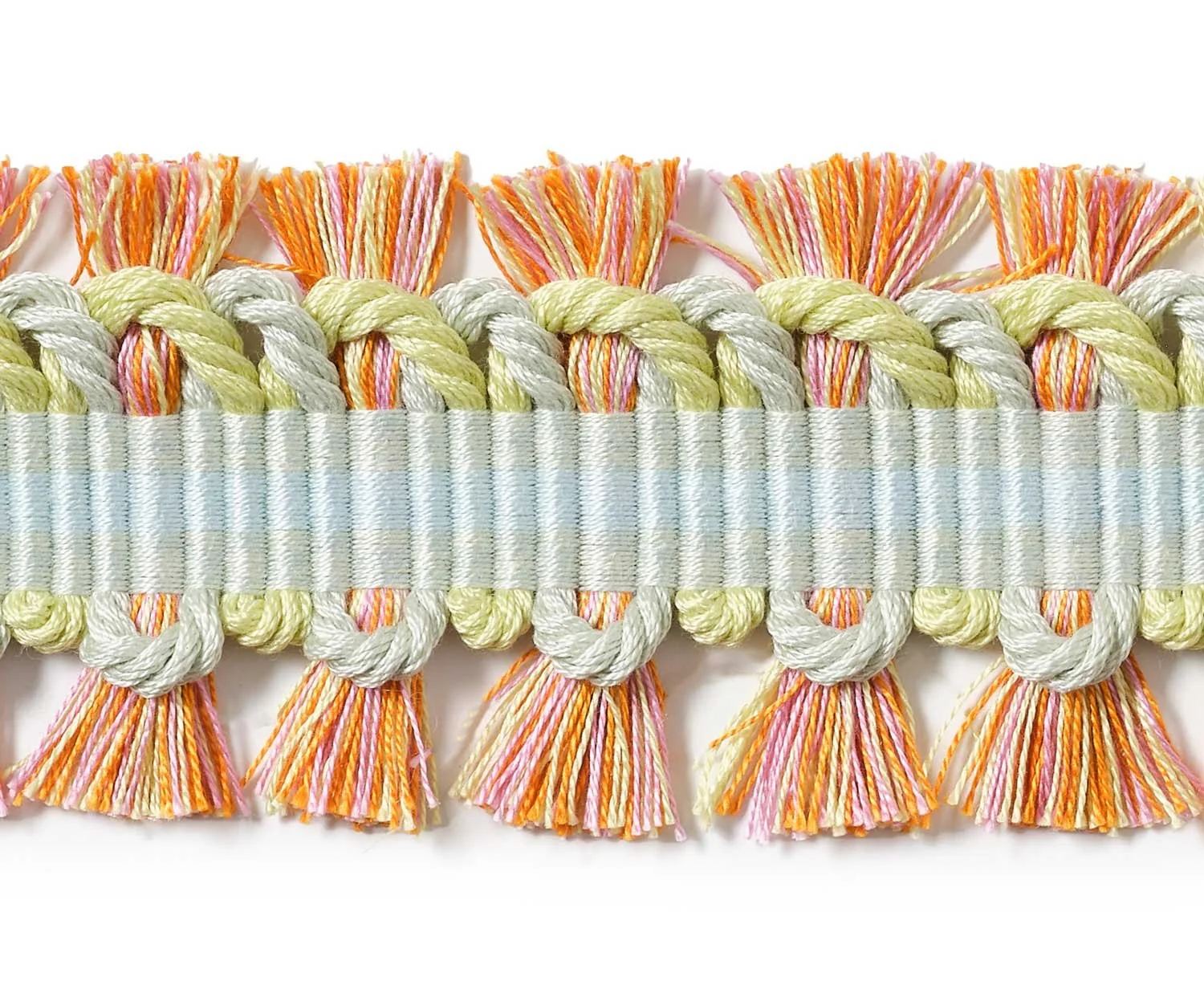 Bespoke handwoven trim with double-sided fringe in orange, pink, and cream, by passementerie maker Elizabeth Ashdown.