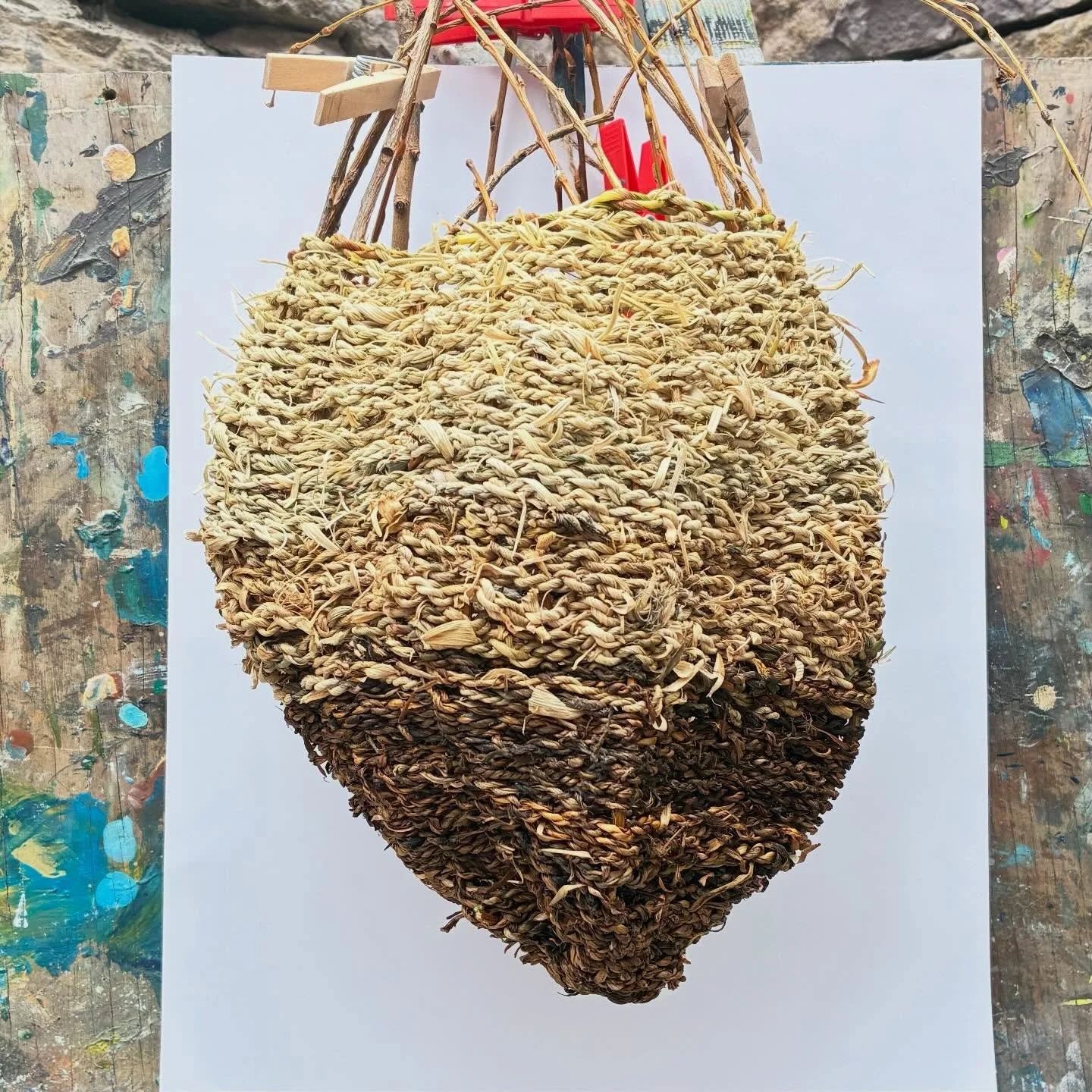 Day five of creating @cillrialaigarts - continued weaving the basket, slowly now as I&rsquo;m making the cordage as I go, the ocean hiding in the mist, starting another basket and the painting slowly developing.
The Irish word I am learning today is 