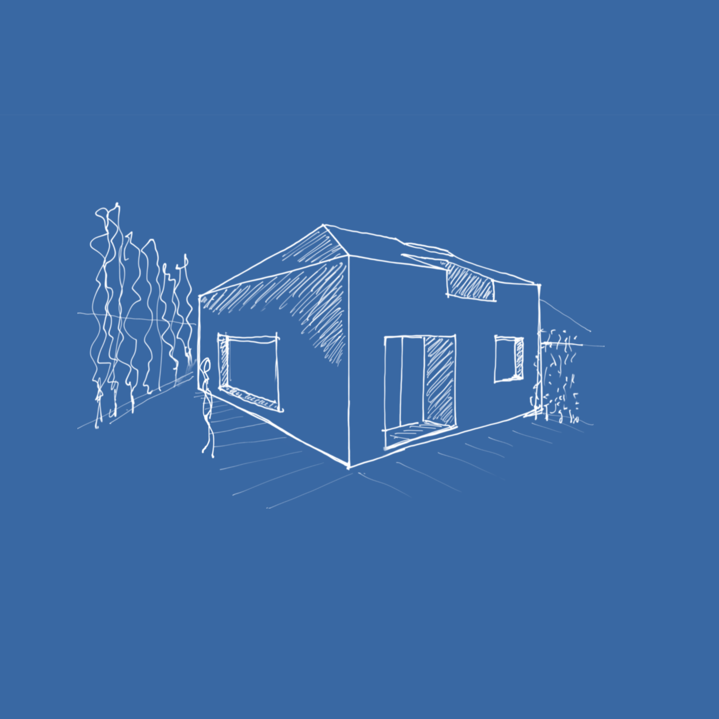 Sketch of a modern house with large windows, door, and surrounding trees, on a blue background.