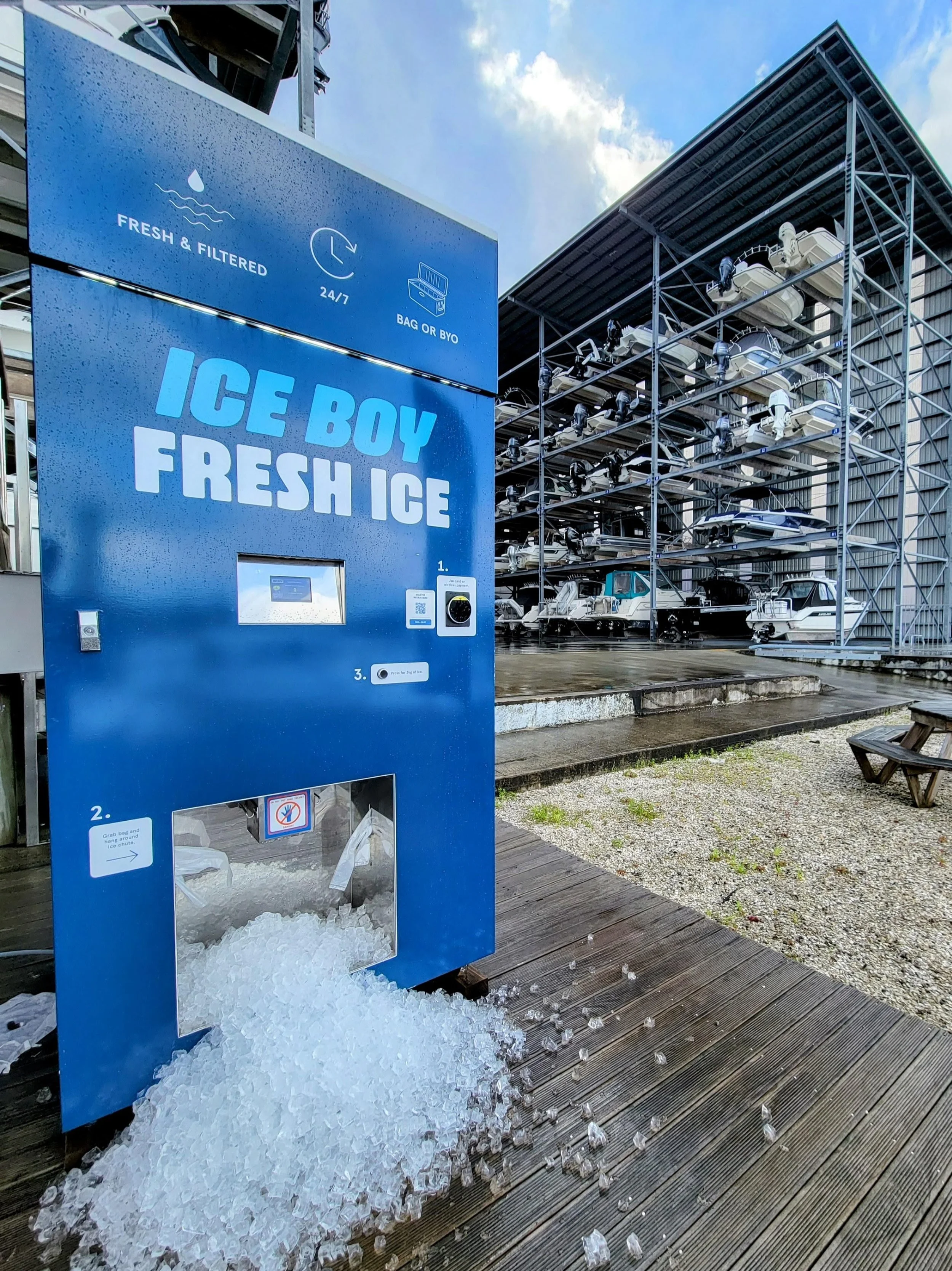 ICEBOY fresh ice vending machine at a marina