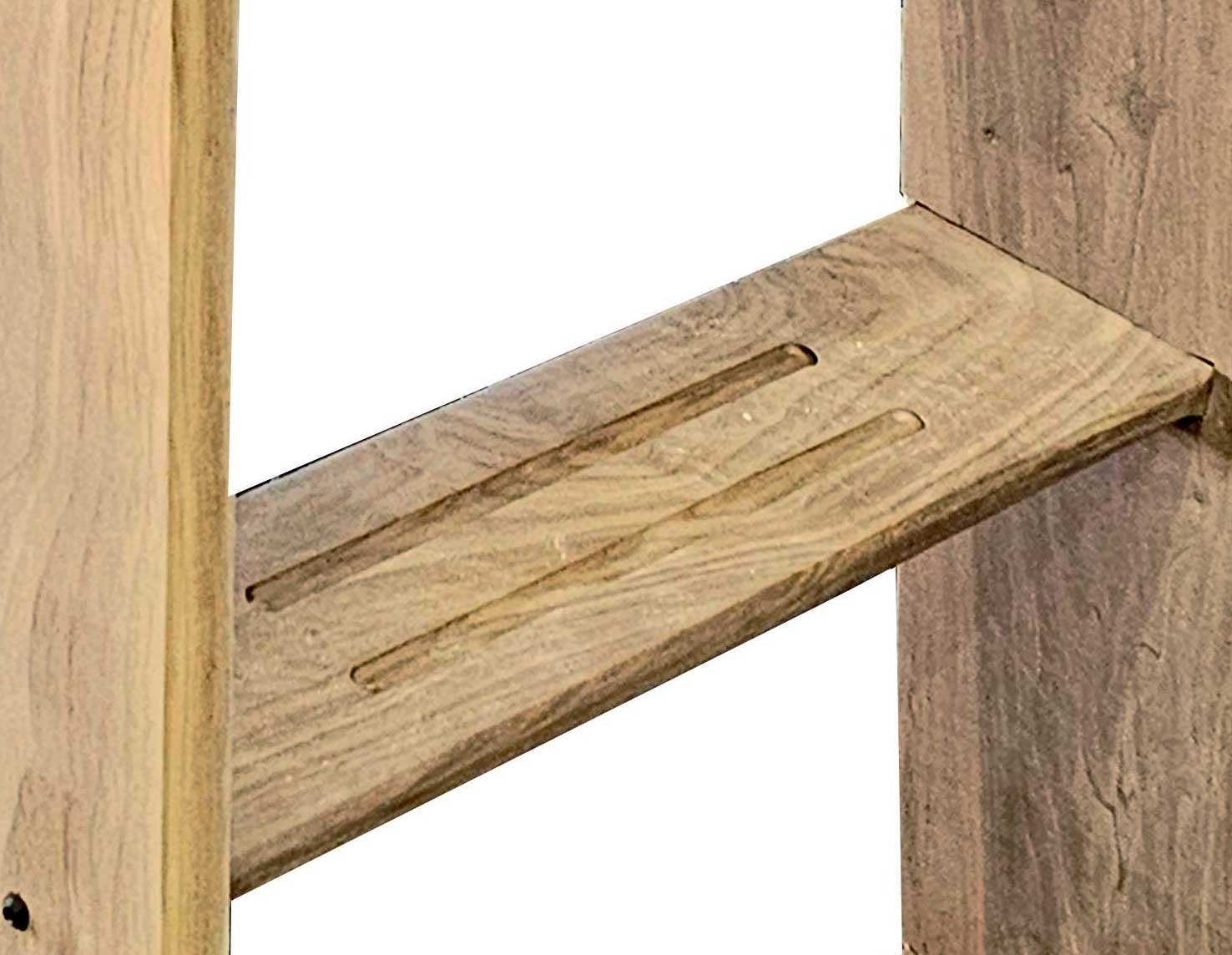 Close-up of a library ladder step showing the two traction grooves that increase safety