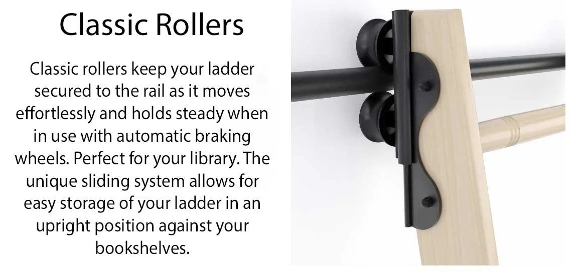 Close-up of a ladder with black wheels and a wooden side, showing the pulley system for easy storage and movement.