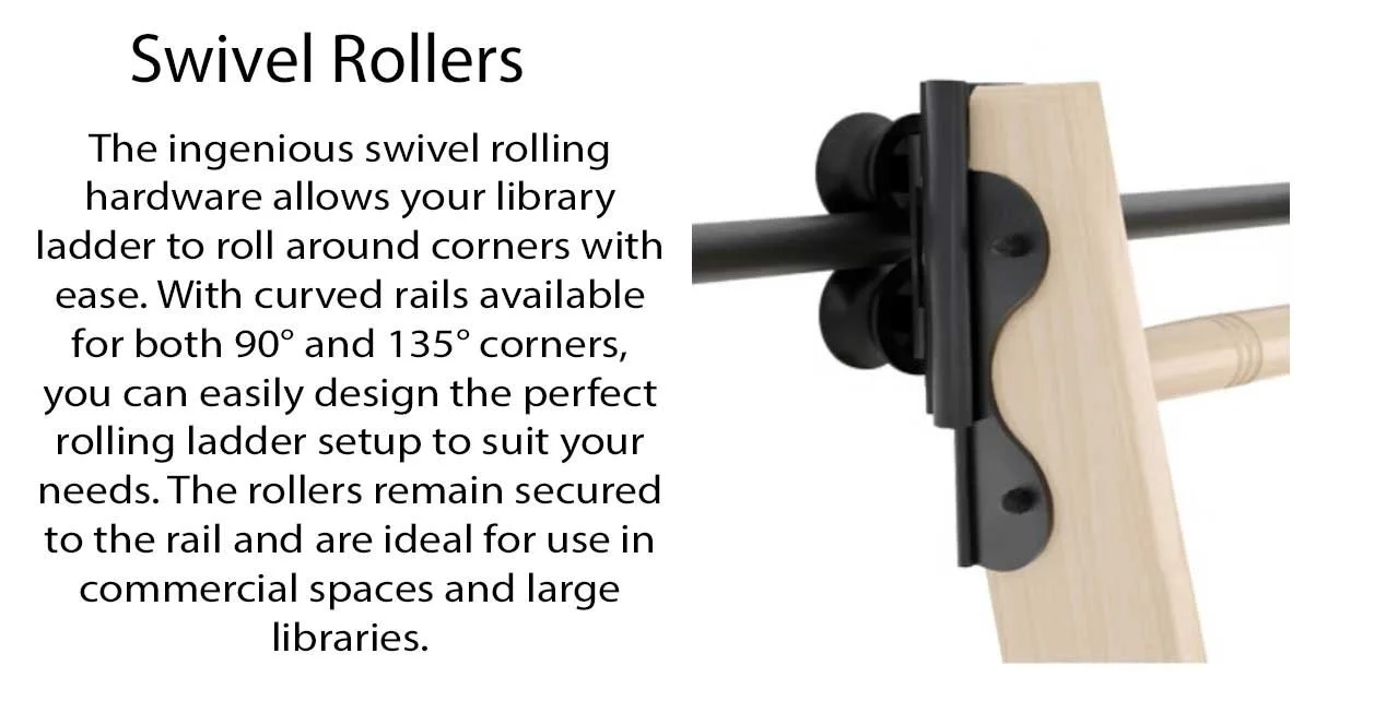 A close-up of a swivel roller mechanism attached to a wooden library ladder, with black hardware and rollers that enable the ladder to roll around corners.
