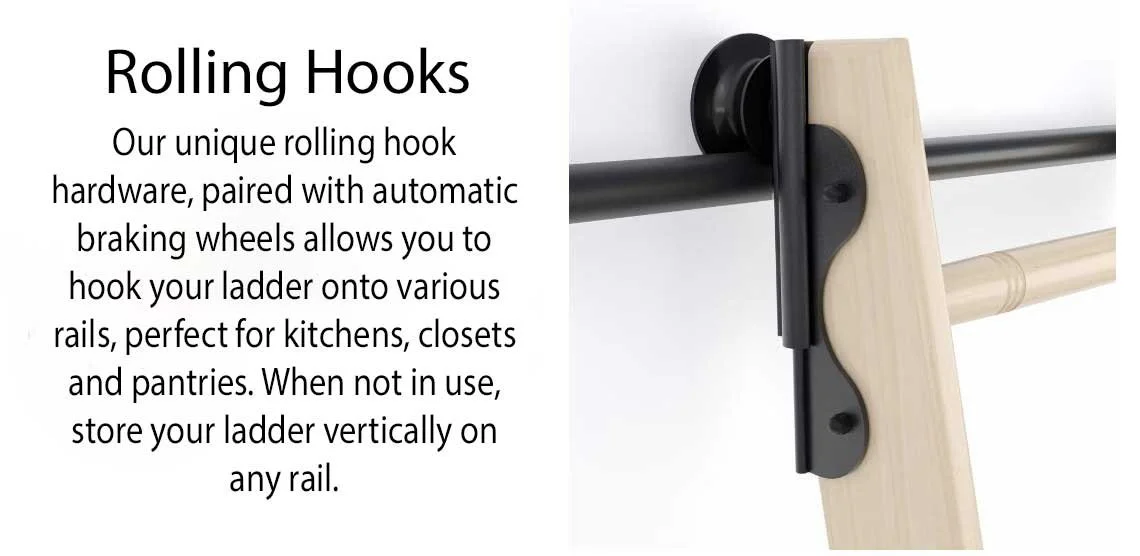 Close-up of a black metal roller and black brackets attached to a wooden ladder or rack, used for storing a ladder vertically on a rail system.