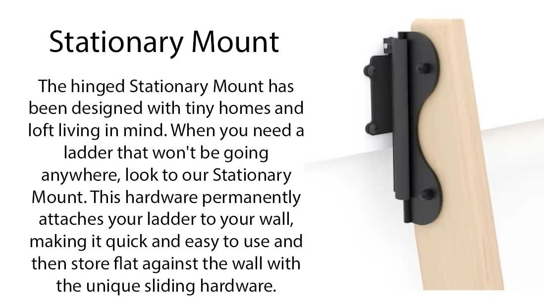 A hinged stationary ladder mount attachment with a black sliding hardware attached to a wooden ladder, designed for quick and easy wall storage.