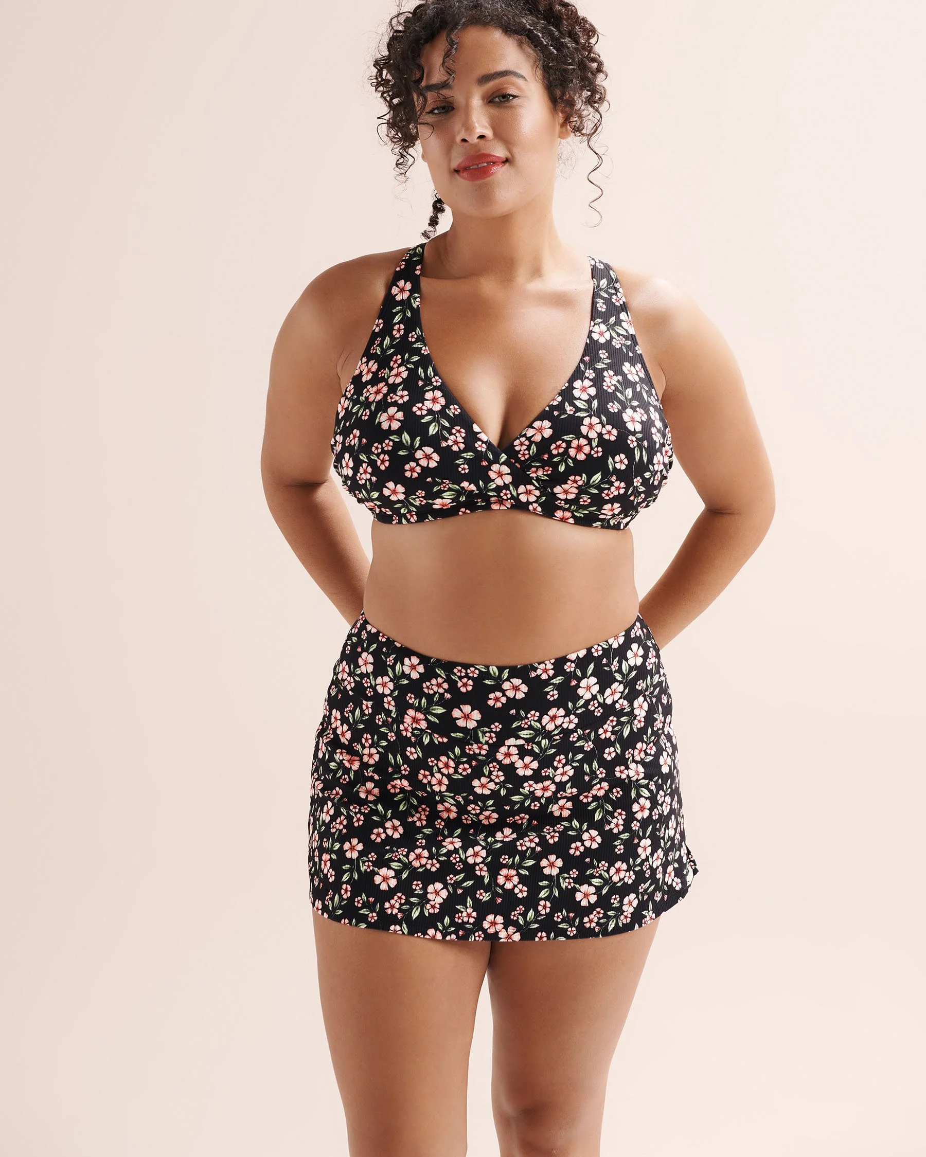 Floral Ribbed Crossover D Cup Bralette Bikini Top