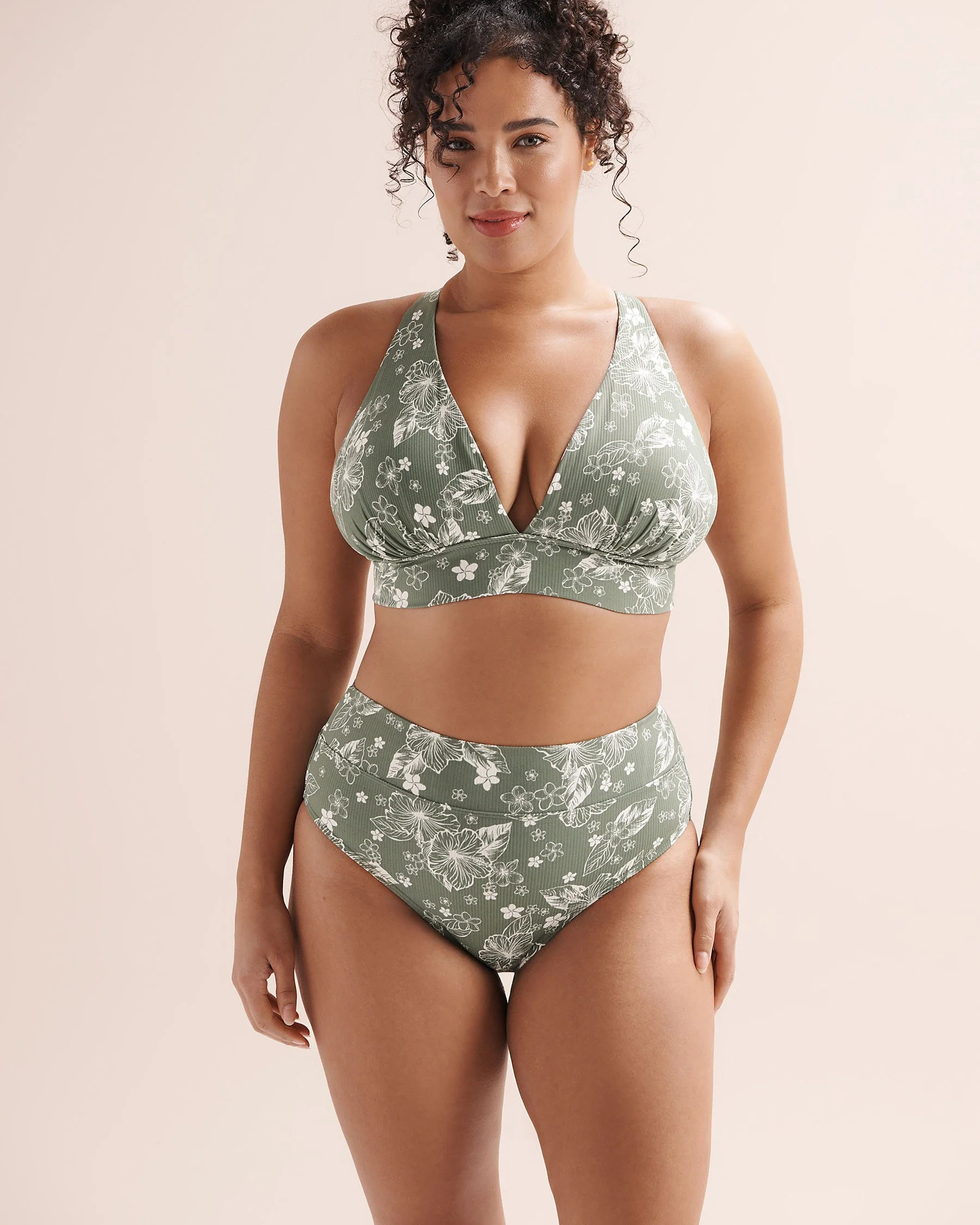 Ribbed Floral D Cup Triangle Bikini Top