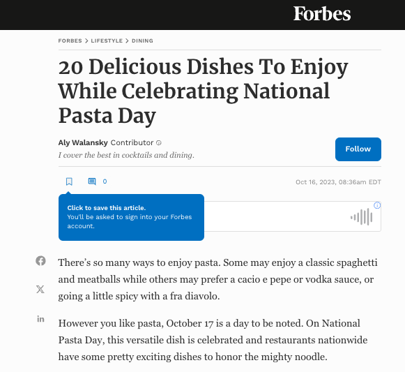 Screenshot of a Forbes article titled "20 Delicious Dishes To Enjoy While Celebrating National Pasta Day" by Aly Walansky, featuring a blue 'Follow' button, sharing options, and the article date October 16, 2023.
