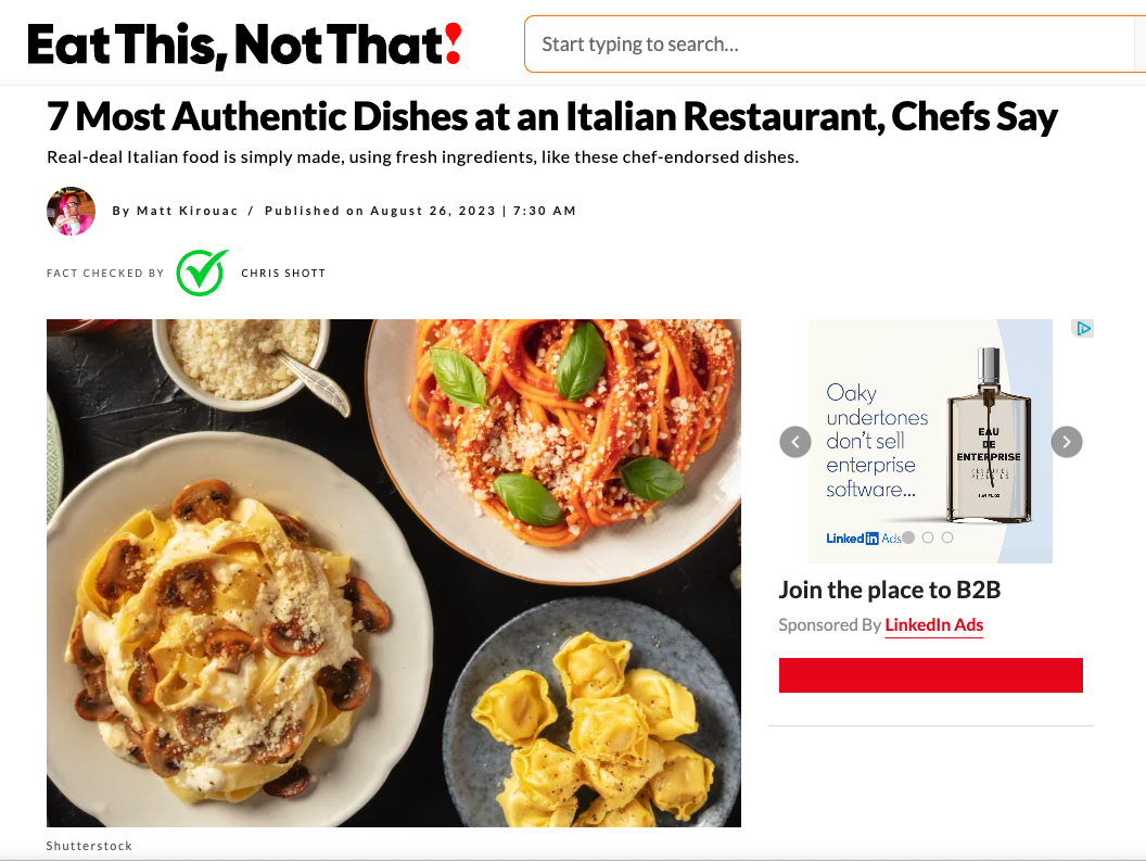 A webpage article titled "7 Most Authentic Dishes at an Italian Restaurant, Chefs Say" with an image of various Italian dishes including pasta with sauce, mushrooms, and parmesan, and a side of grated cheese.