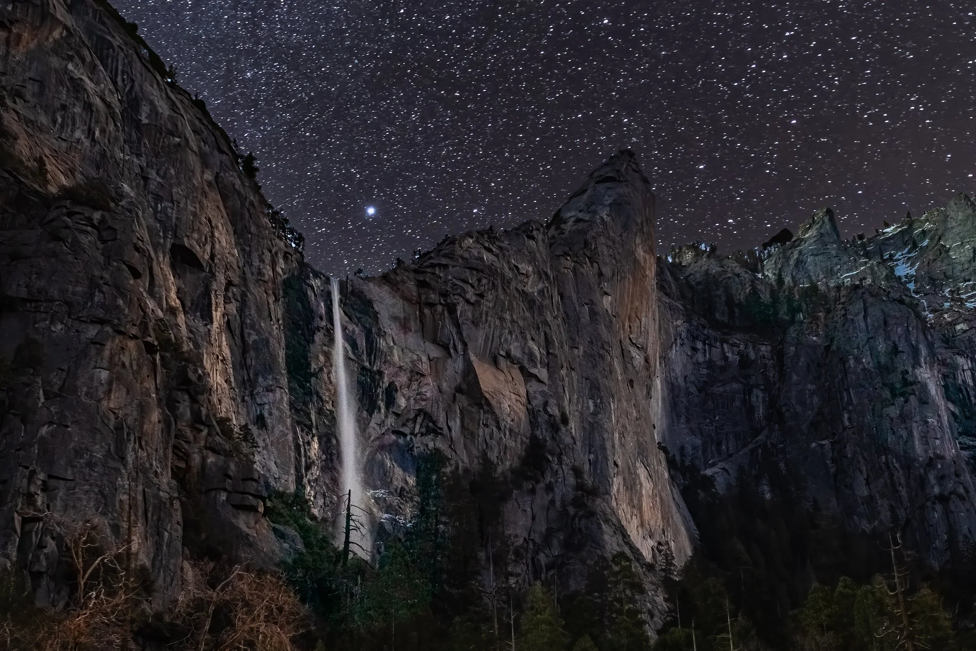 Bridalveil Falls at night under the stars