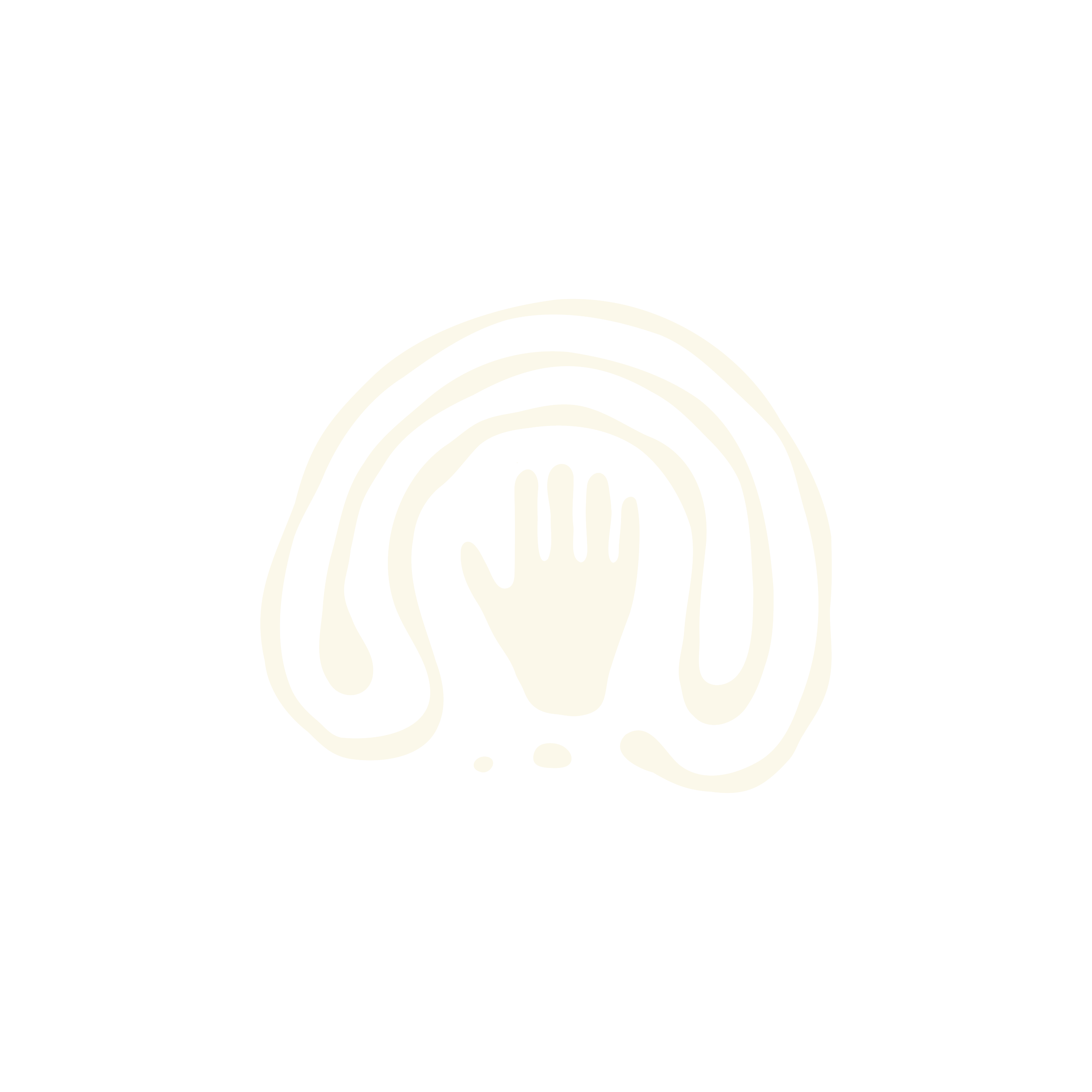 Outline of a hand extended upward with concentric rainbow lines above it, on a black background.