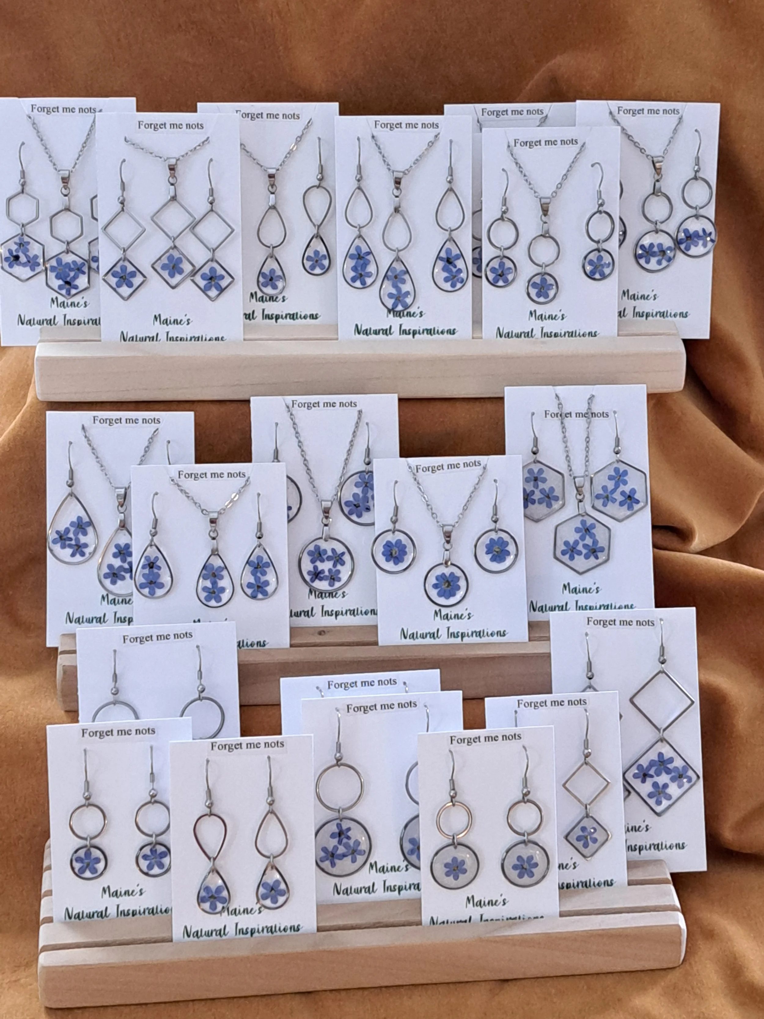 Maine pressed forget me not jewelry. All done with stainless steel