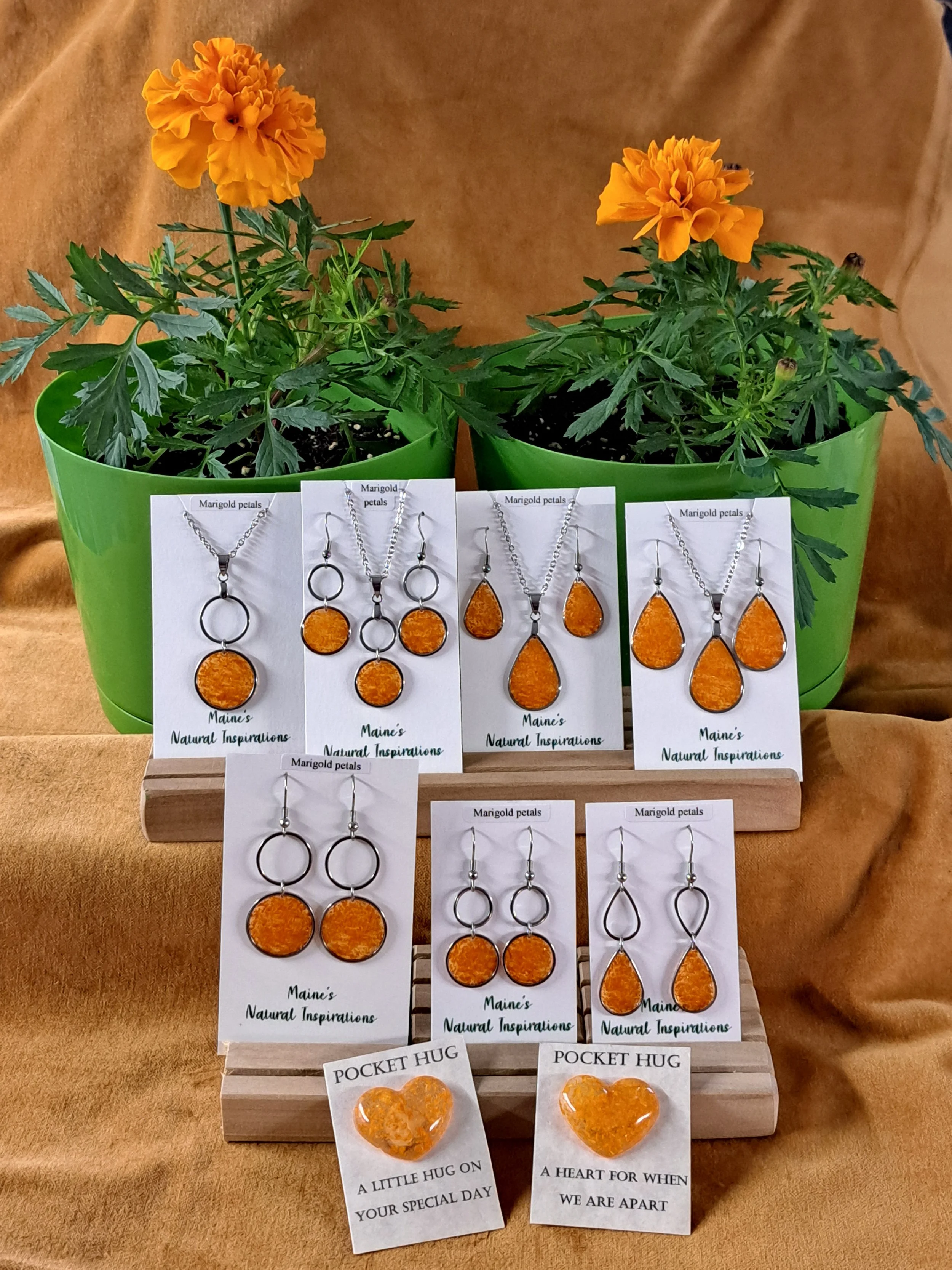 Pressed marigold flower petal creations