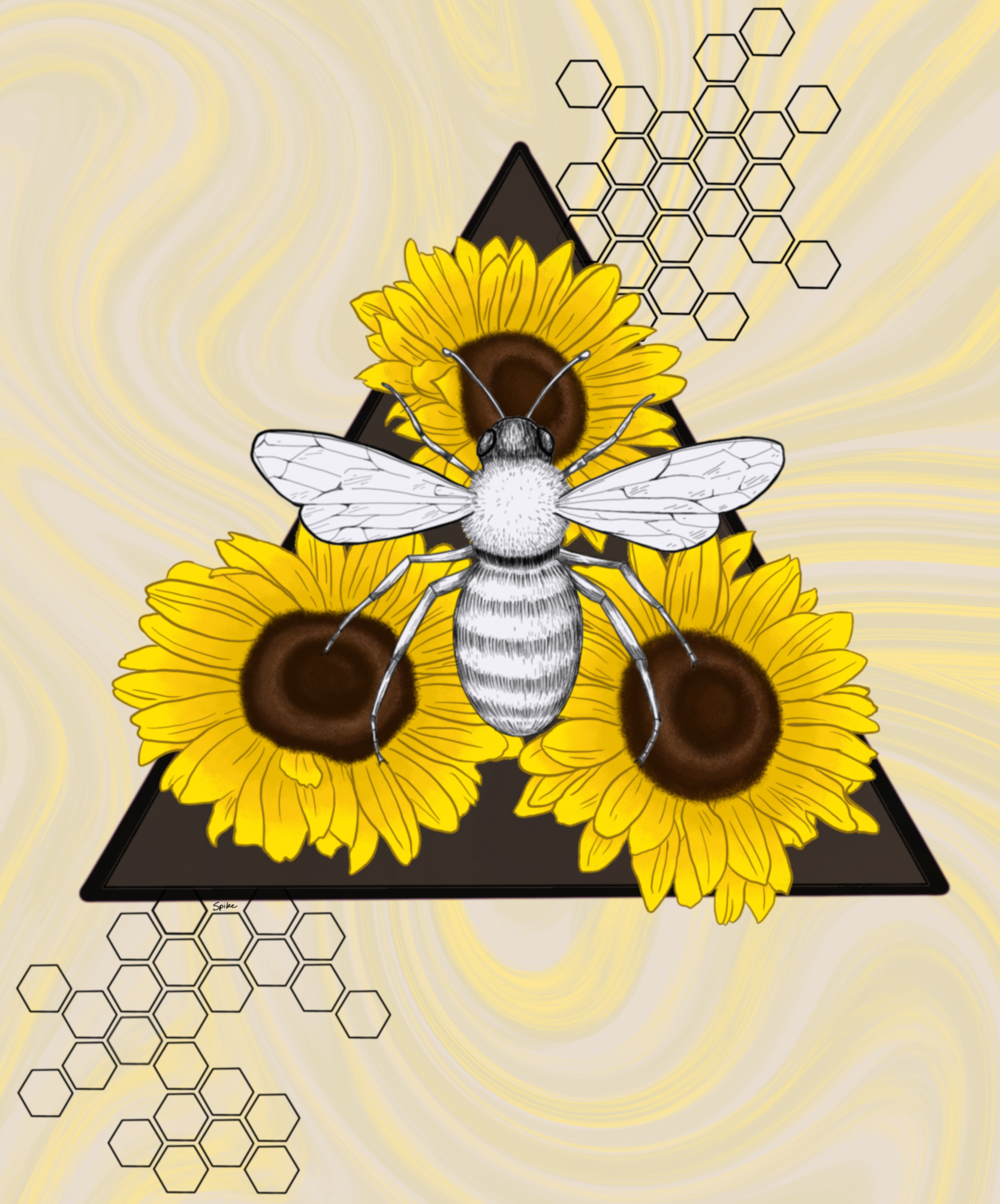 Bee, sunflower and geometry drawing done in Procreate