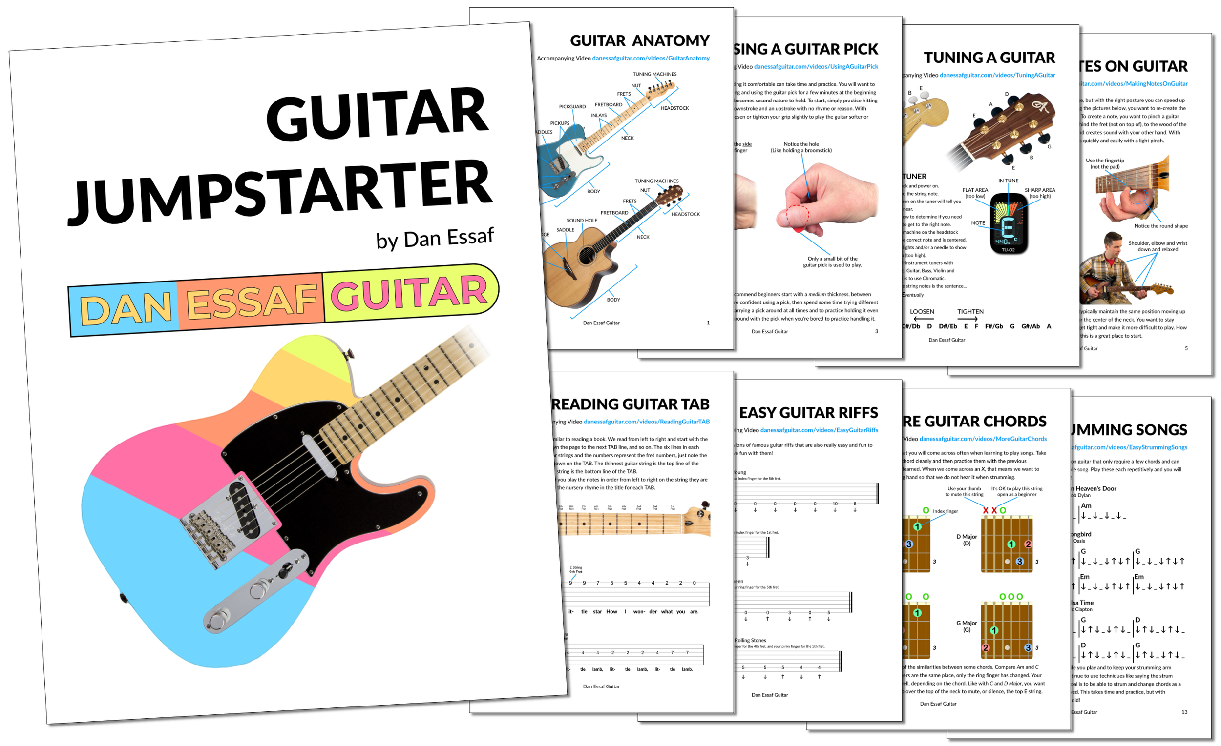 Multiple pages of a guitar instructional book titled "Guitar Jumpstarter" by Dan Essaf, featuring diagrams of guitar anatomy, tuning, chords, and playing techniques, with one page showing a colorful electric guitar illustration.