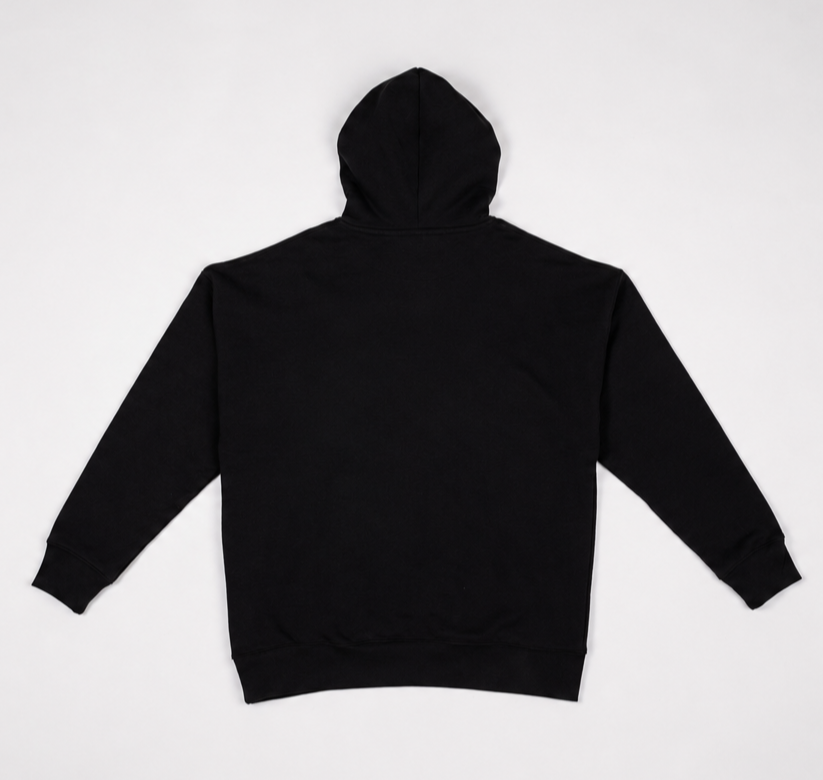Back of faded black pullover hoodie with 925 silver chain running through hood and black airbrushed-style ‘Dark Angel’ print on chest