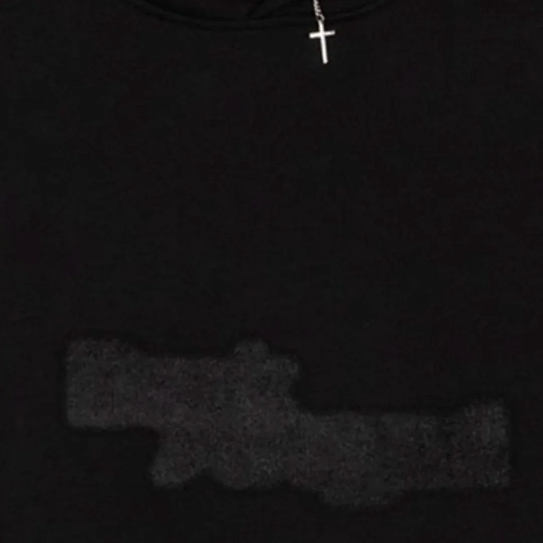 Close up of faded black pullover hoodie with 925 silver chain running through hood and black airbrushed-style ‘Dark Angel’ print on chest